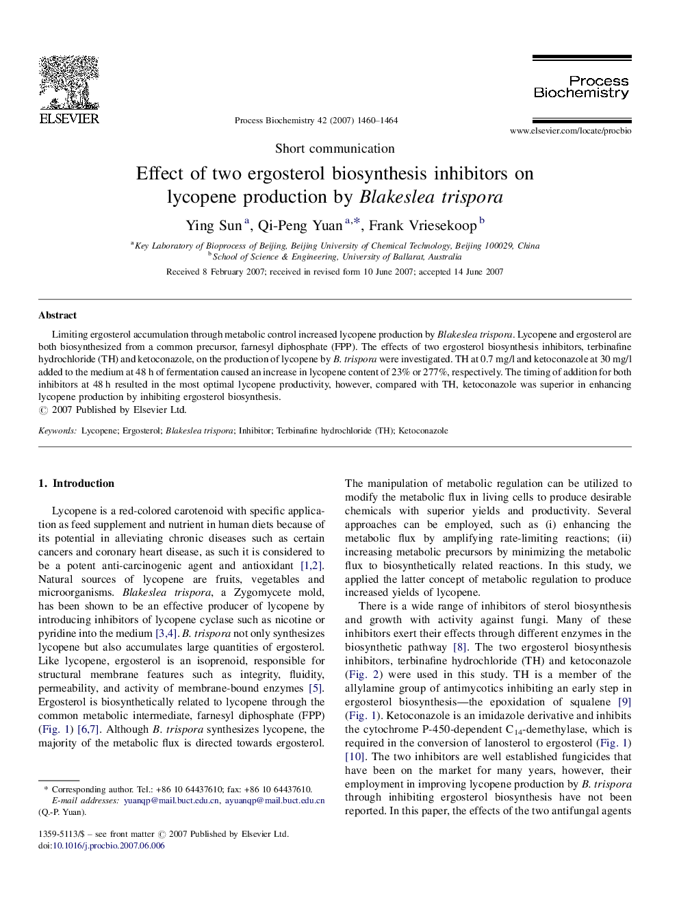 Effect of two ergosterol biosynthesis inhibitors on lycopene production by Blakeslea trispora