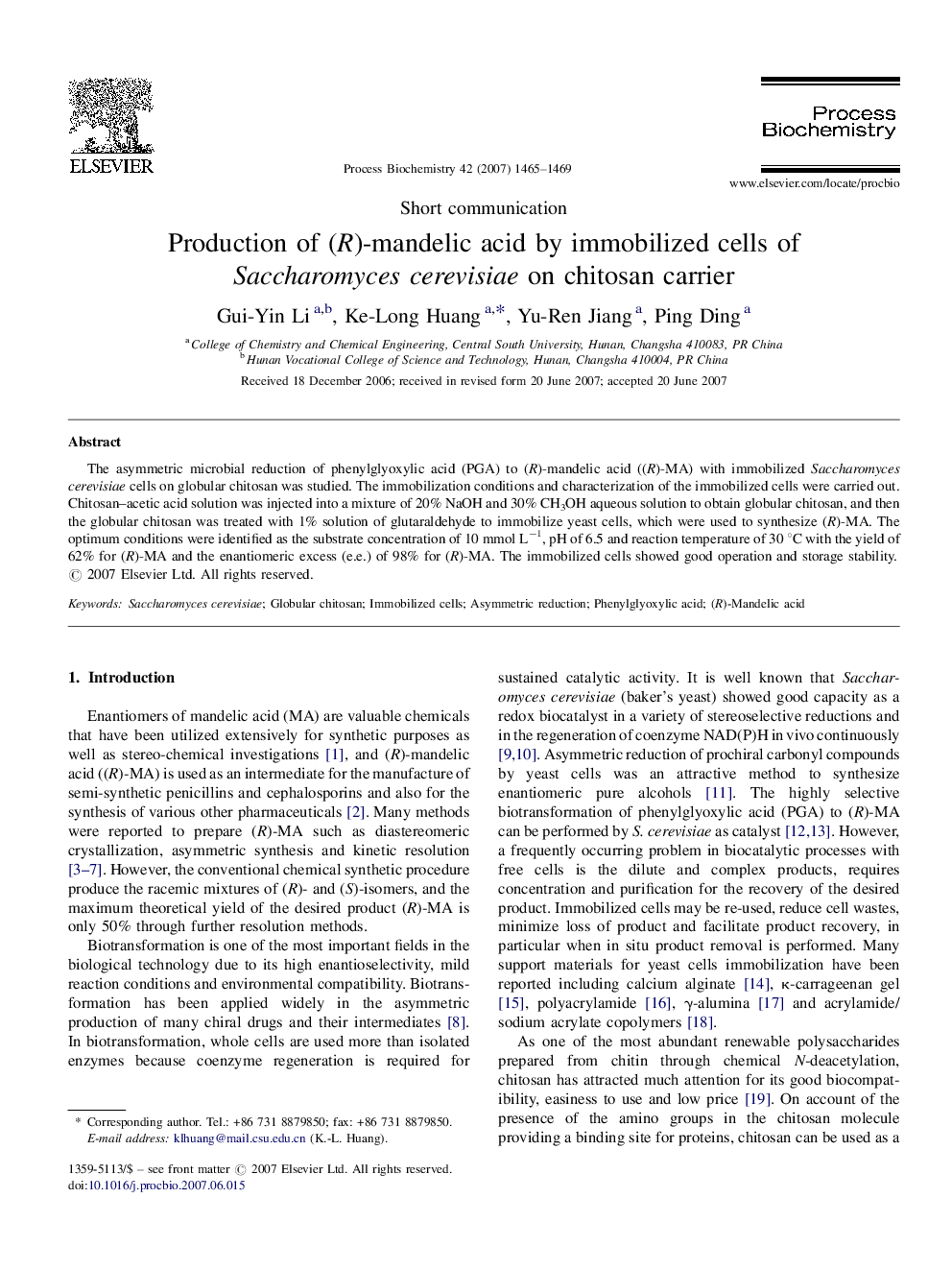 Production of (R)-mandelic acid by immobilized cells of Saccharomyces cerevisiae on chitosan carrier