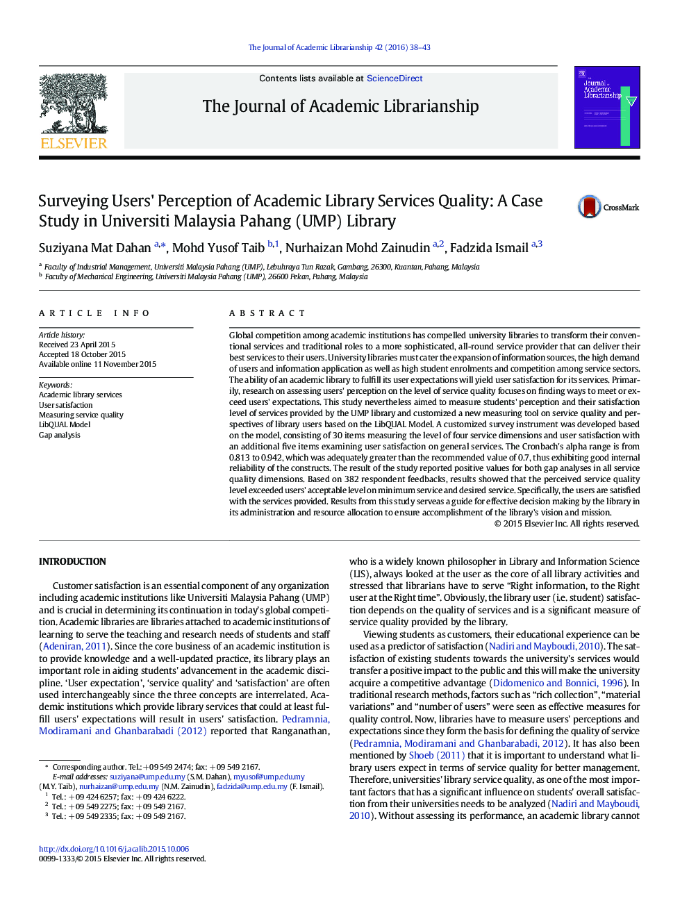 ادراک کاربران بررسی از علمی خدمات کتابخانه کیفیت: مطالعه موردی در دانشگاه مالزی پاهانگ (UMP) کتابخانه