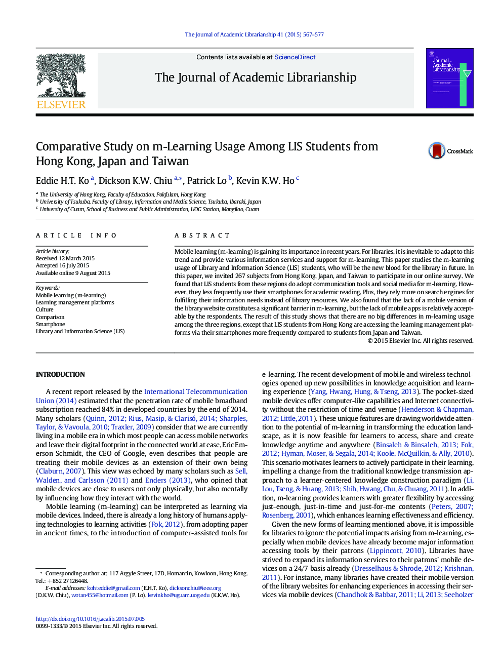 Comparative Study on m-Learning Usage Among LIS Students from Hong Kong, Japan and Taiwan