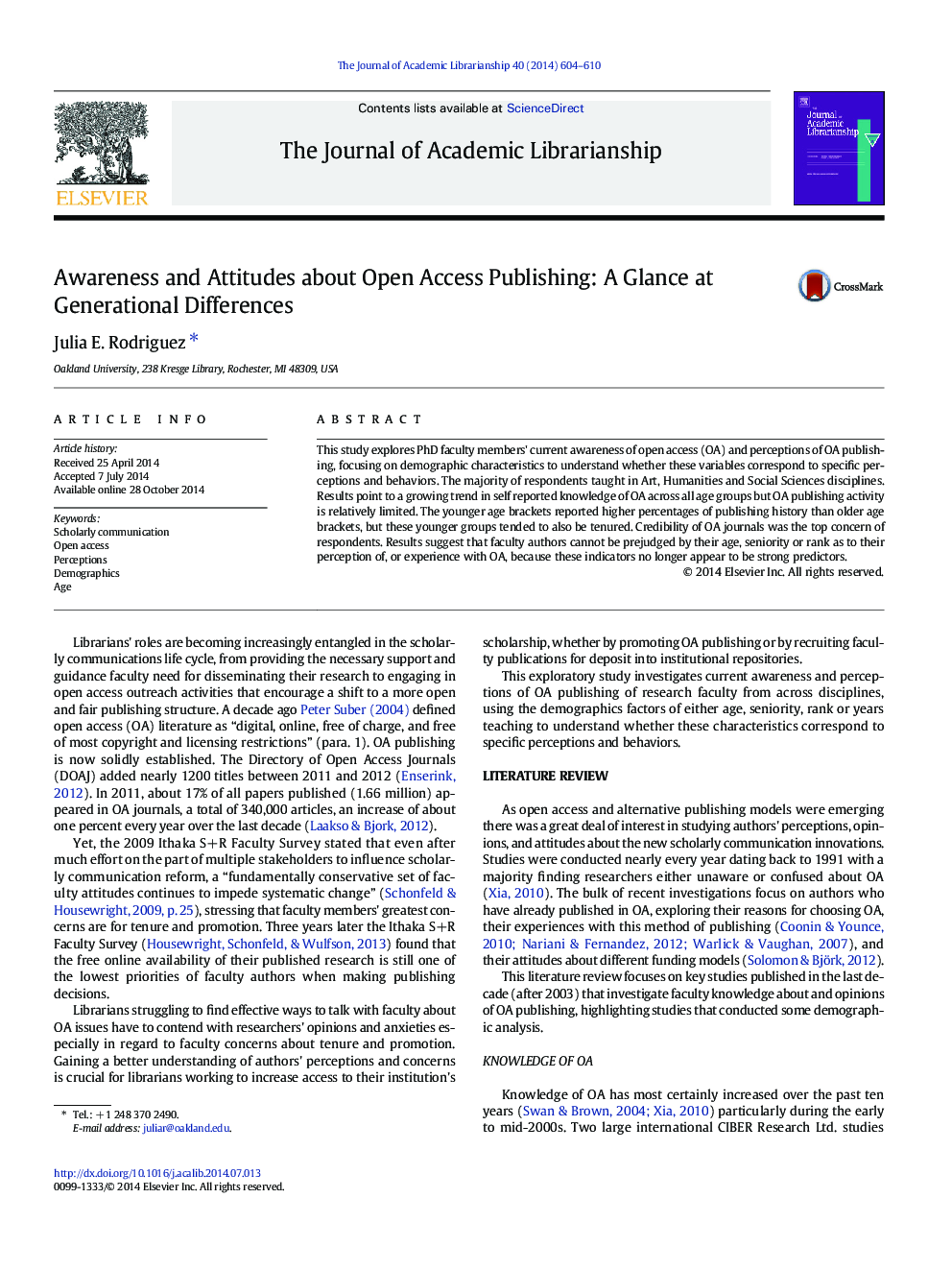 Awareness and Attitudes about Open Access Publishing: A Glance at Generational Differences