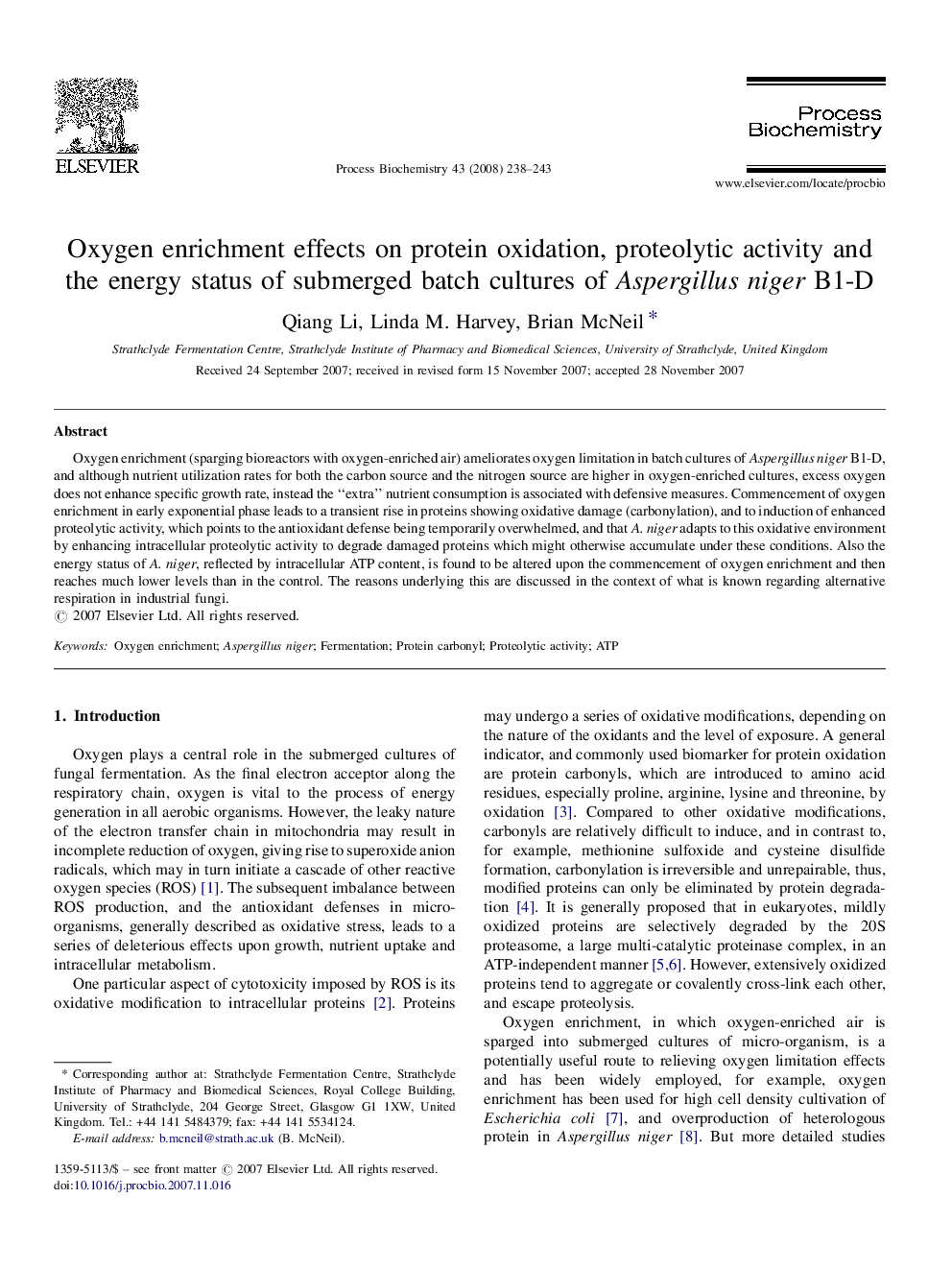 Oxygen enrichment effects on protein oxidation, proteolytic activity and the energy status of submerged batch cultures of Aspergillus niger B1-D