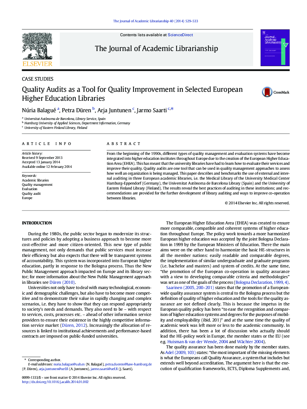 Quality Audits as a Tool for Quality Improvement in Selected European Higher Education Libraries