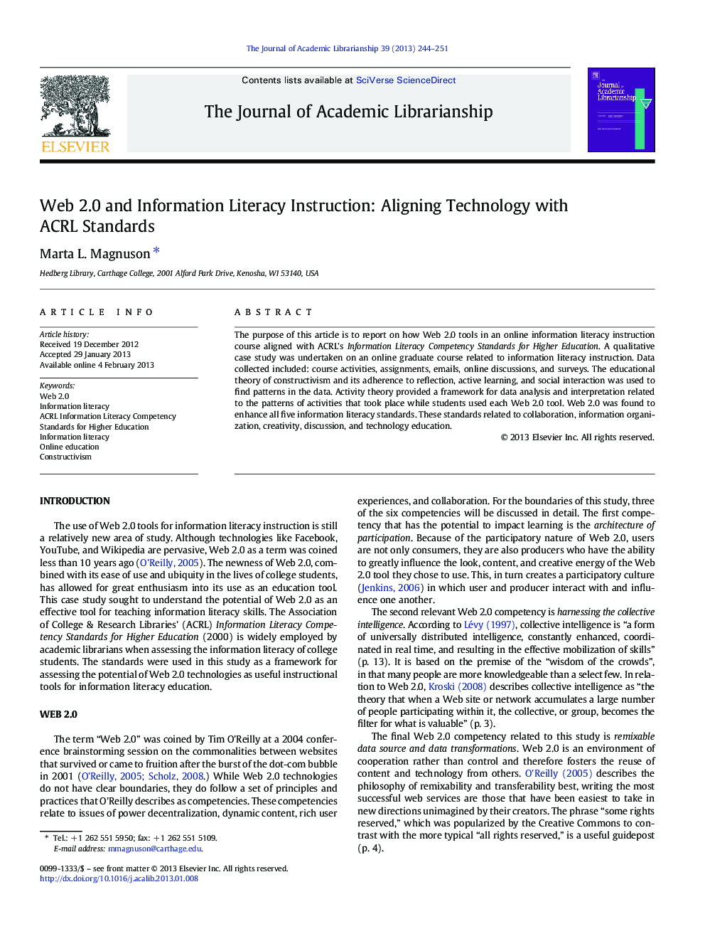 Web 2.0 and Information Literacy Instruction: Aligning Technology with ACRL Standards