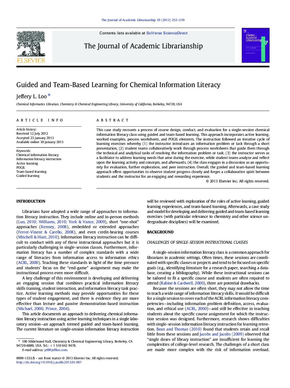 Guided and Team-Based Learning for Chemical Information Literacy