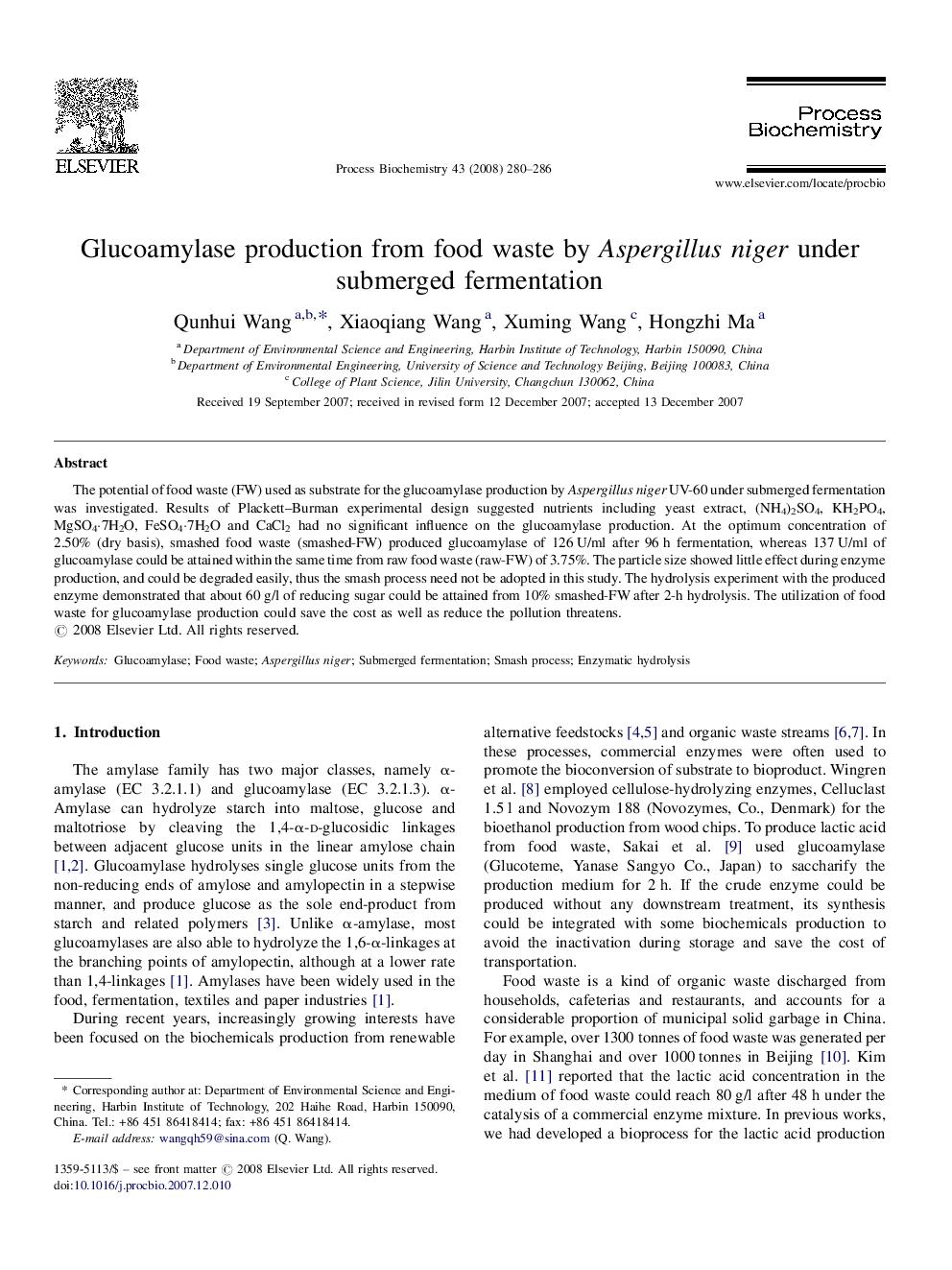 Glucoamylase production from food waste by Aspergillus niger under submerged fermentation