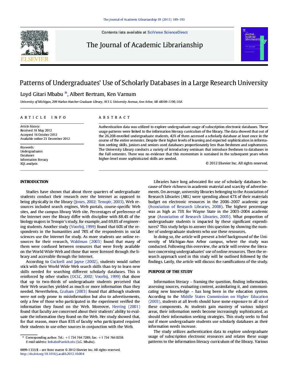 Patterns of Undergraduates' Use of Scholarly Databases in a Large Research University