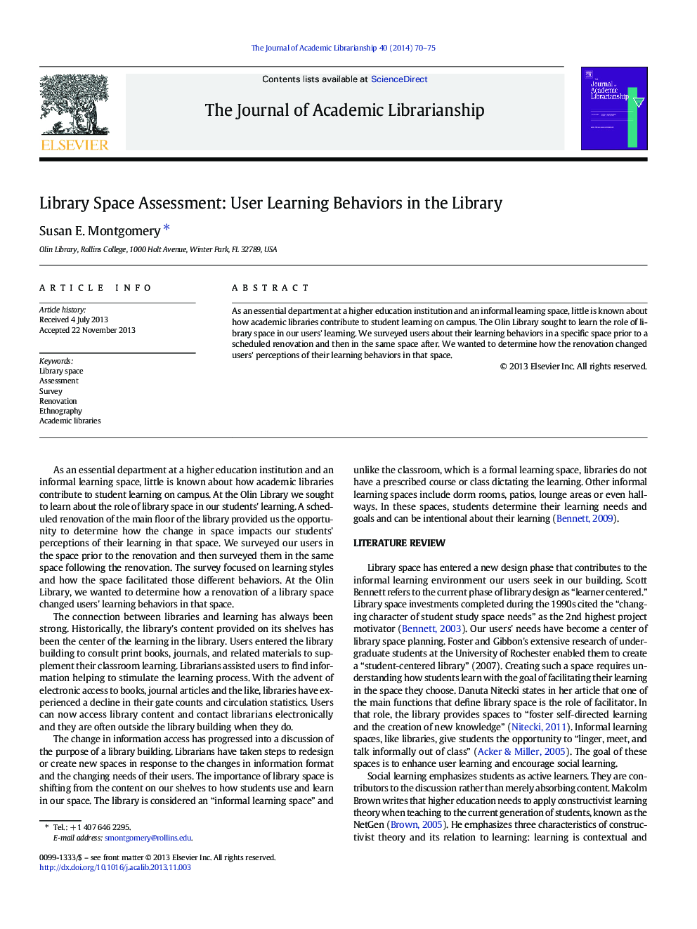 Library Space Assessment: User Learning Behaviors in the Library