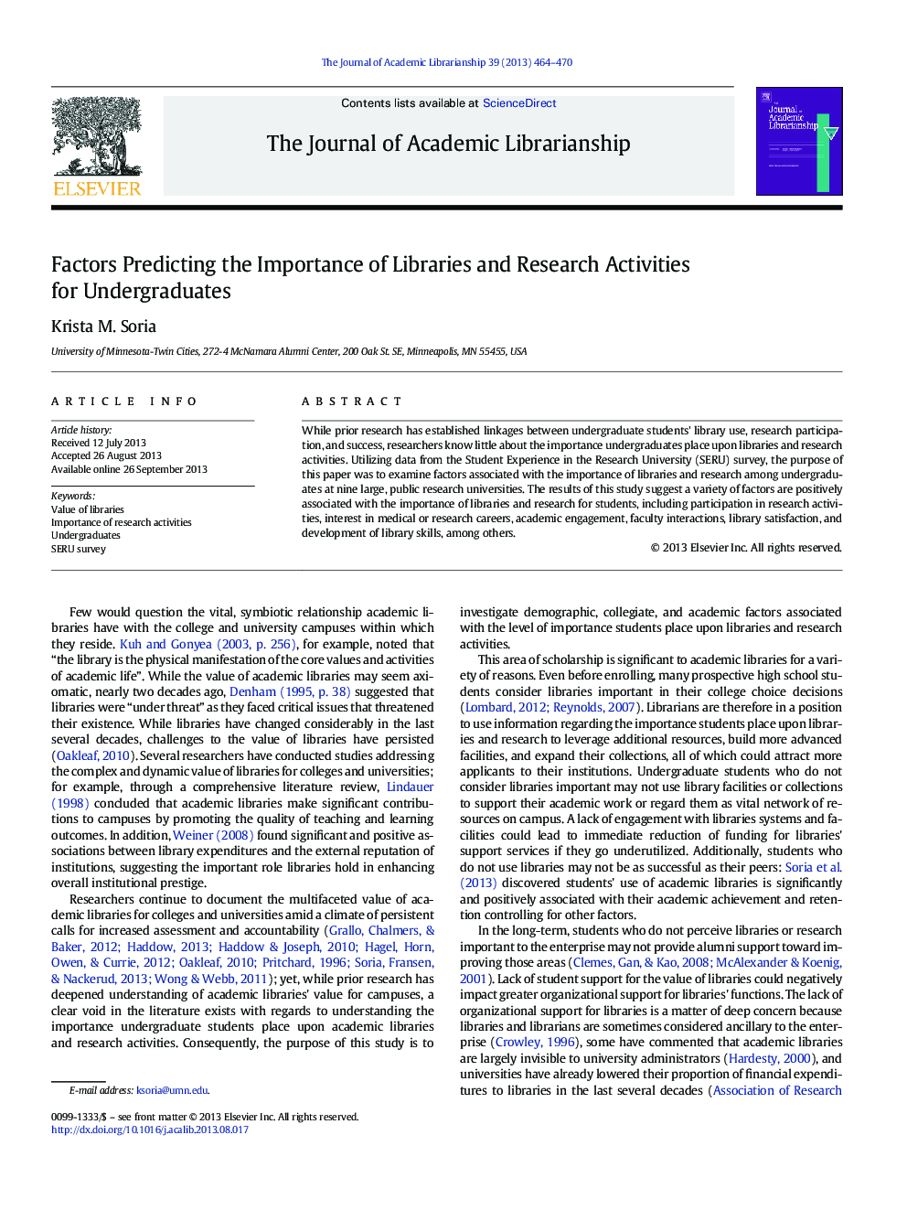 Factors Predicting the Importance of Libraries and Research Activities for Undergraduates