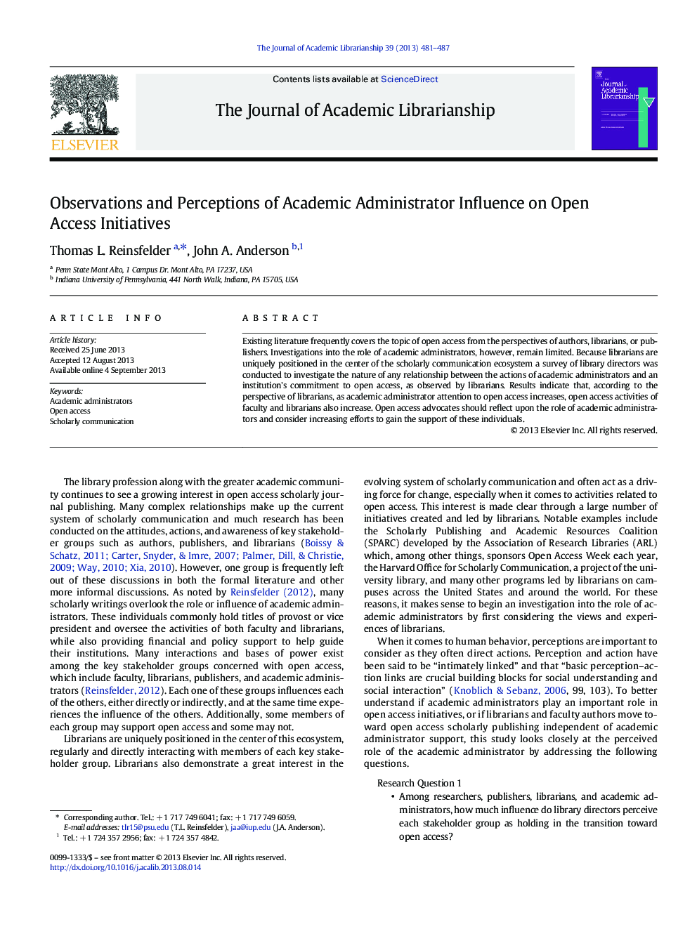 Observations and Perceptions of Academic Administrator Influence on Open Access Initiatives