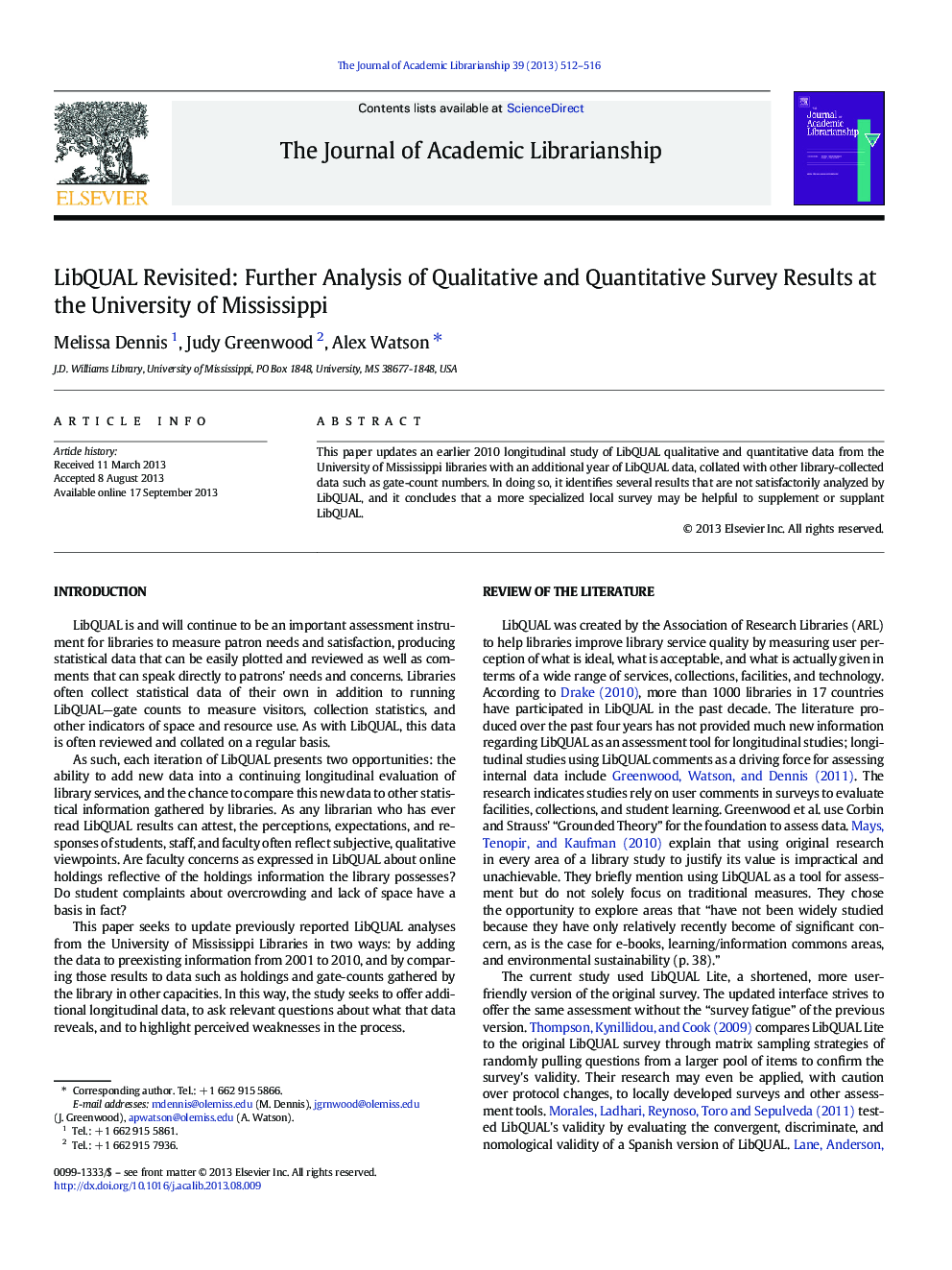 عکس صفحه اول مقاله: LibQUAL Revisited: Further Analysis of Qualitative and Quantitative Survey Results at the University of Mississippi LibQUAL Revisited: Further Analysis of Qualitative and Quantitative Survey Results at the University of Mississippi