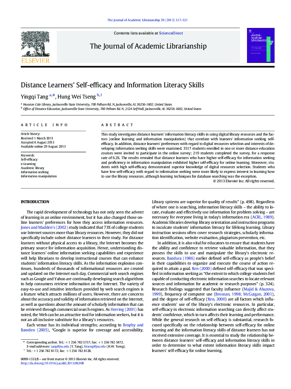 Distance Learners' Self-efficacy and Information Literacy Skills