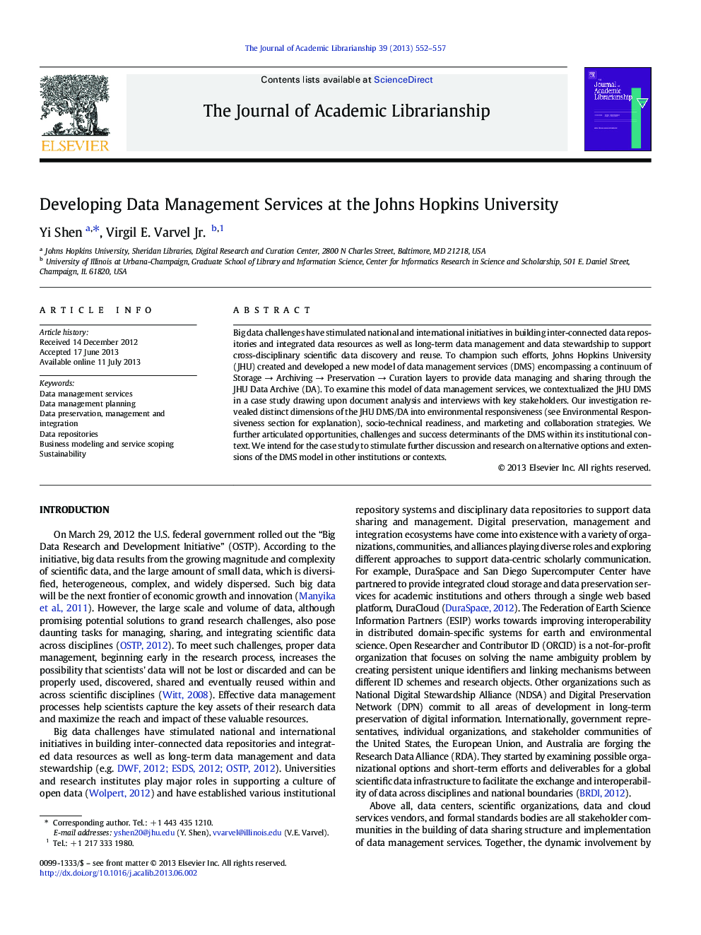 عکس صفحه اول مقاله: Developing Data Management Services at the Johns Hopkins University Developing Data Management Services at the Johns Hopkins University