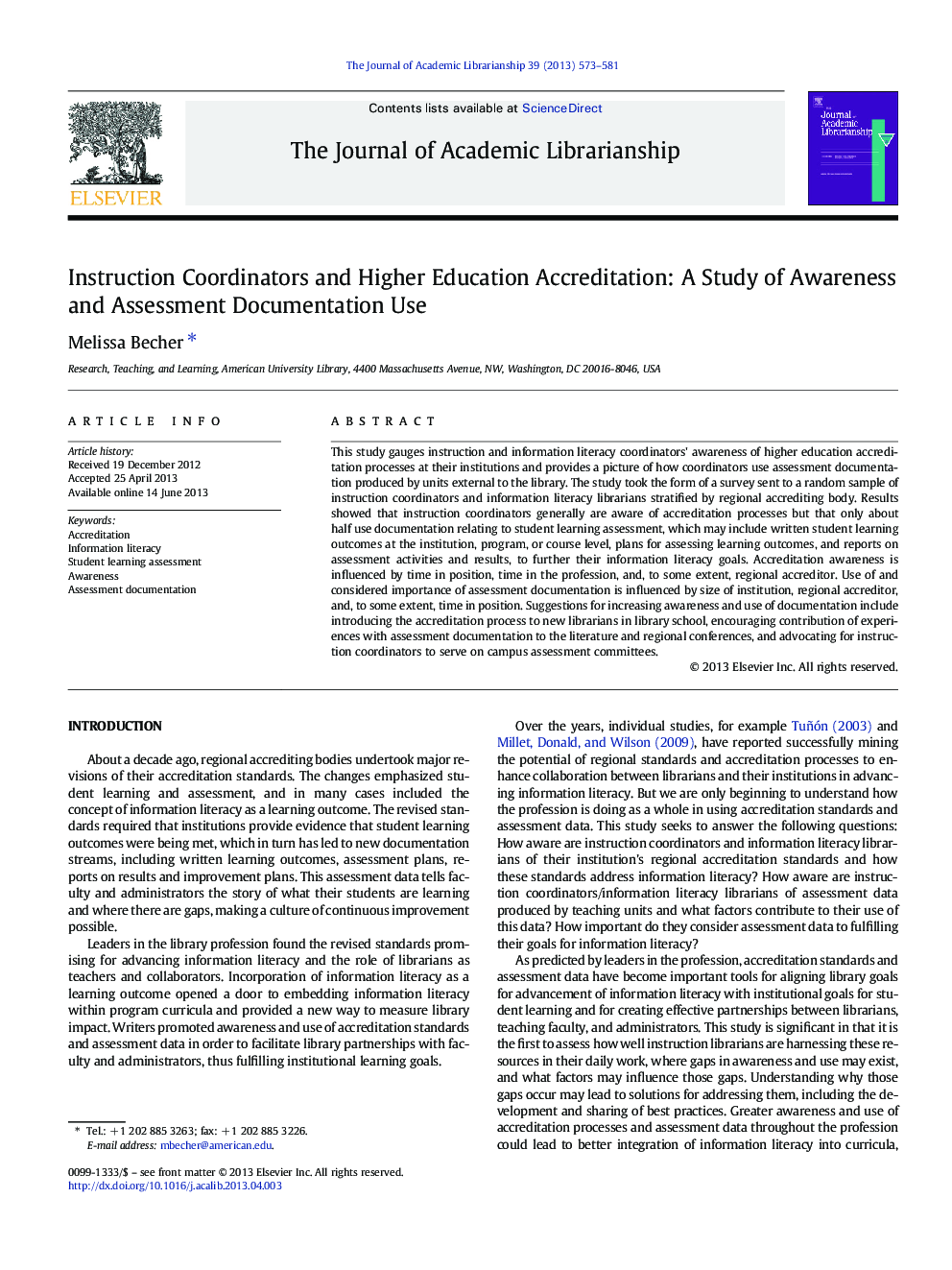 Instruction Coordinators and Higher Education Accreditation: A Study of Awareness and Assessment Documentation Use