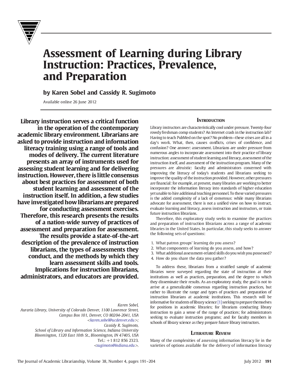 Assessment of Learning during Library Instruction: Practices, Prevalence, and Preparation