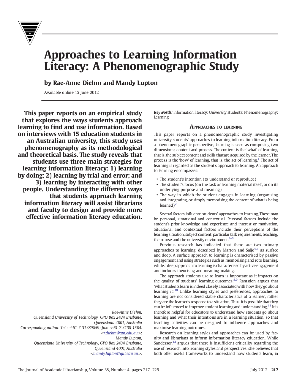 Approaches to Learning Information Literacy: A Phenomenographic Study