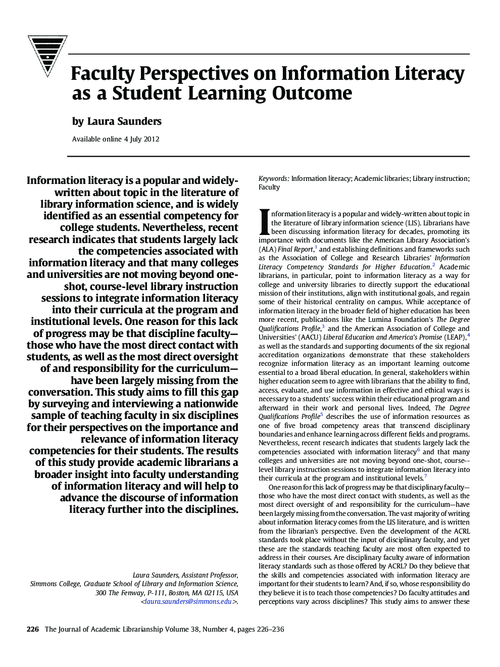 Faculty Perspectives on Information Literacy as a Student Learning Outcome