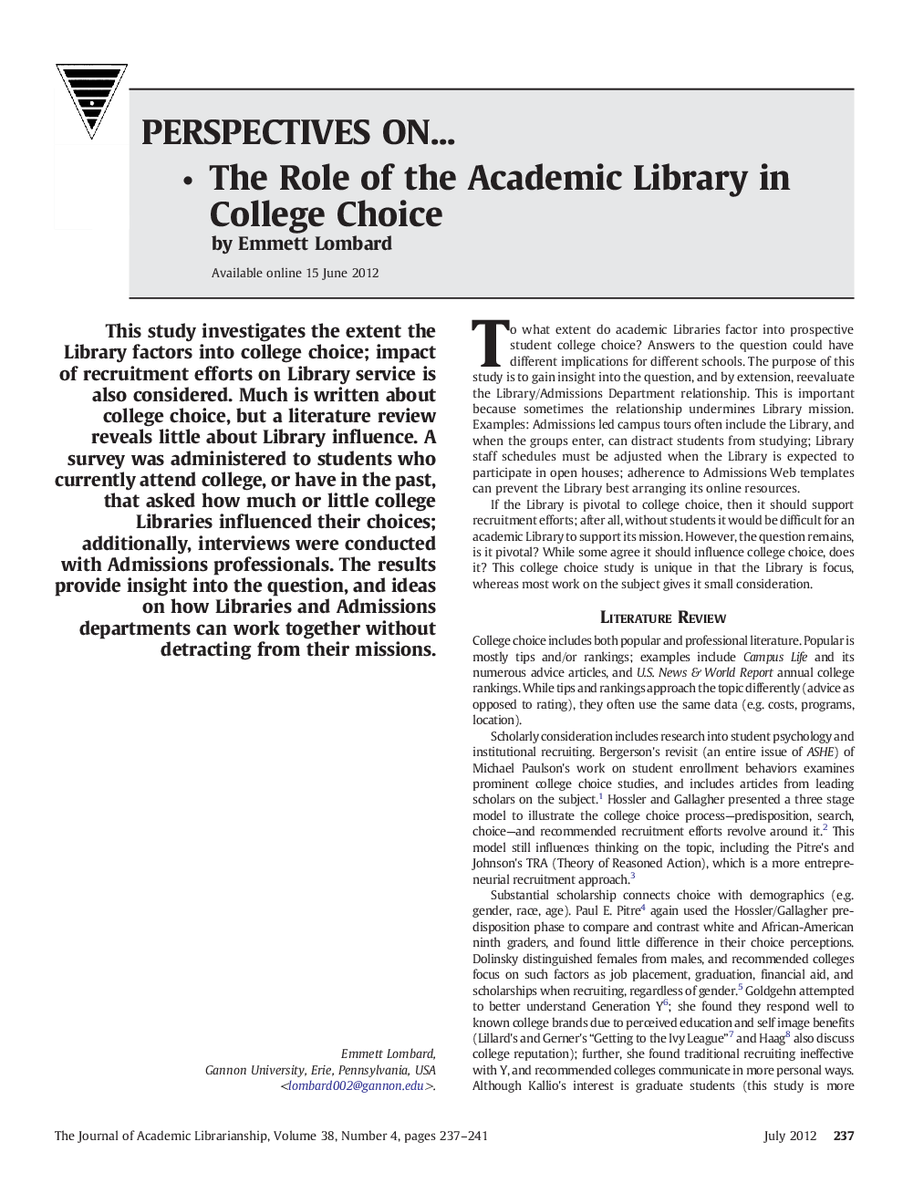 The Role of the Academic Library in College Choice