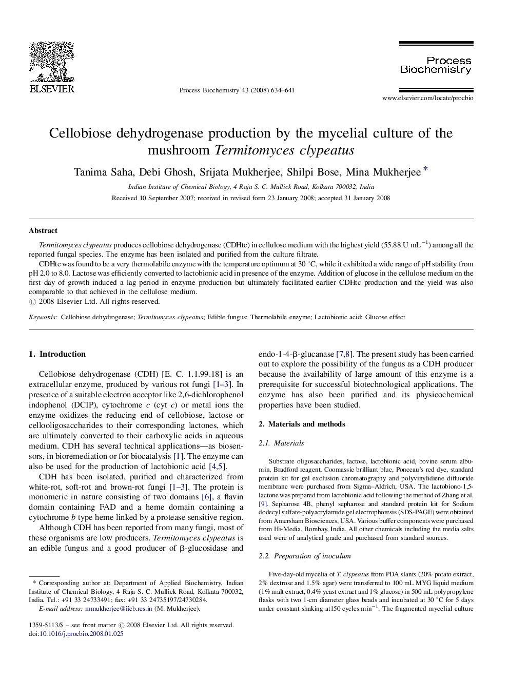 Cellobiose dehydrogenase production by the mycelial culture of the mushroom Termitomyces clypeatus