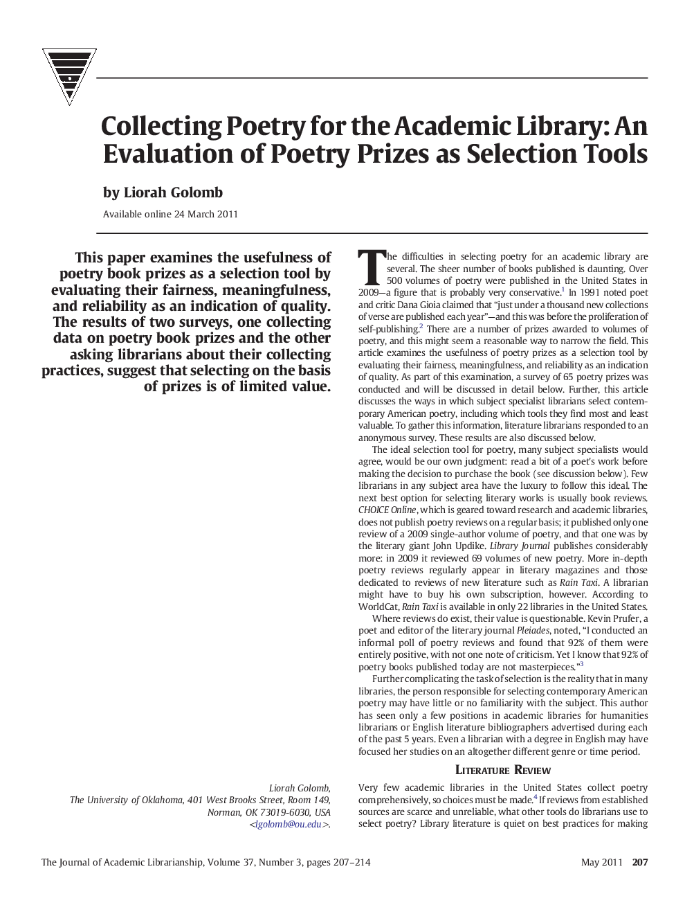 Collecting Poetry for the Academic Library: An Evaluation of Poetry Prizes as Selection Tools