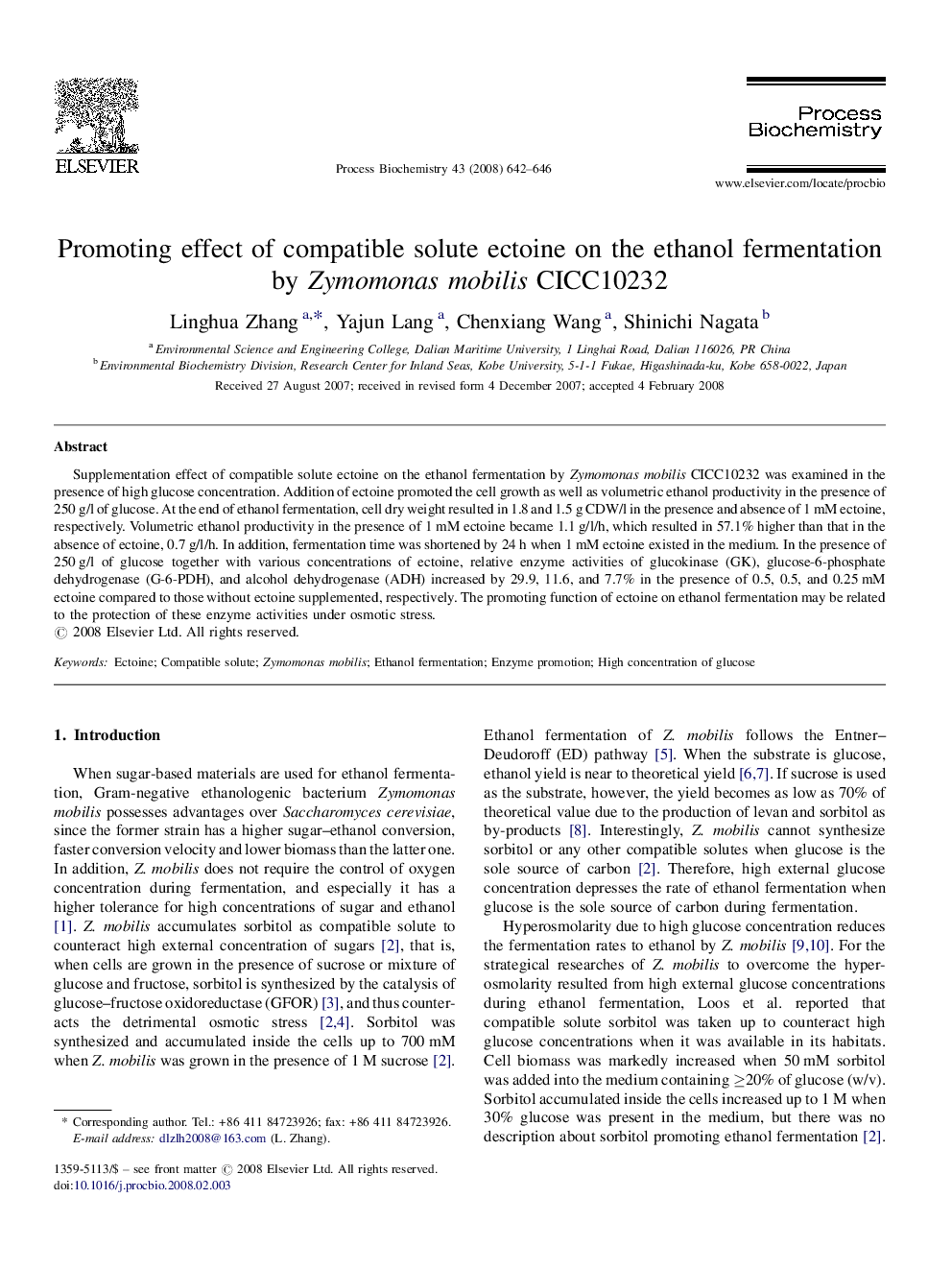 Promoting effect of compatible solute ectoine on the ethanol fermentation by Zymomonas mobilis CICC10232