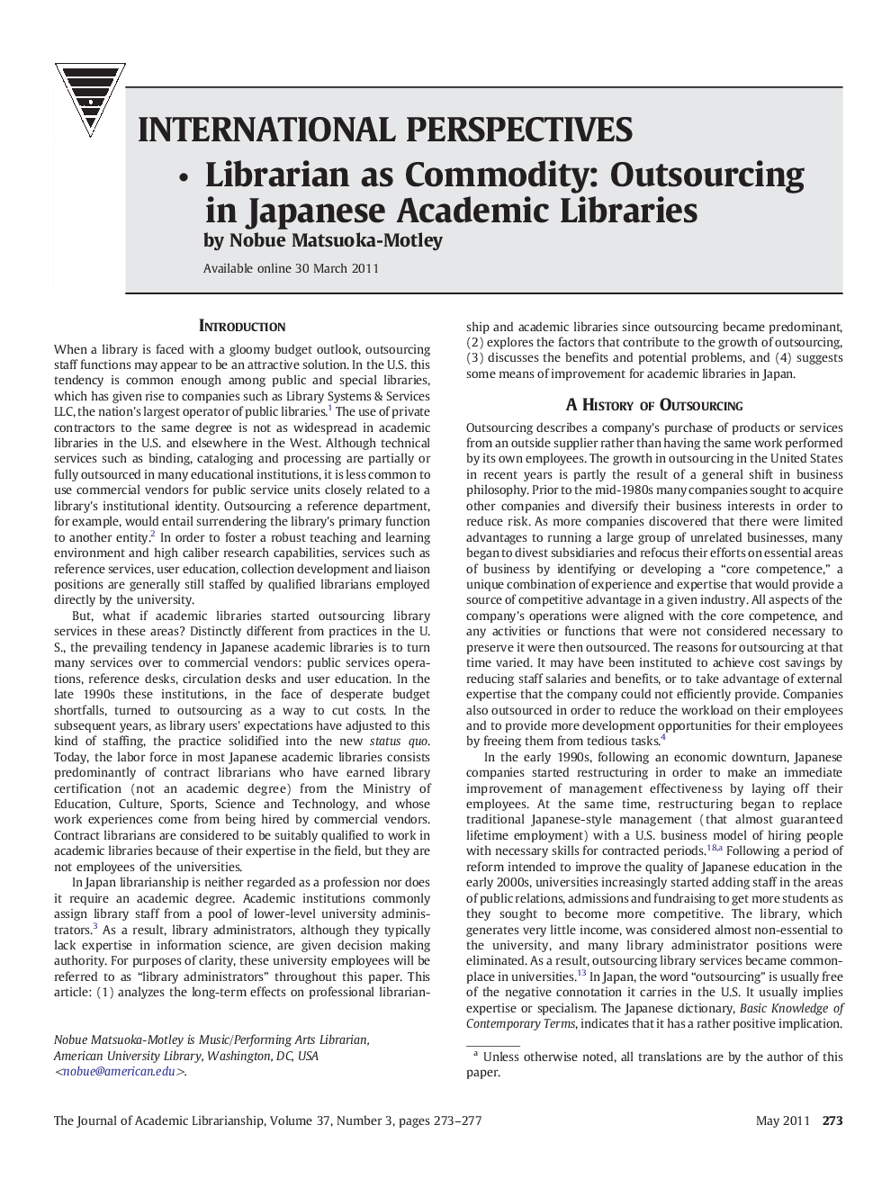 Librarian as Commodity: Outsourcing in Japanese Academic Libraries