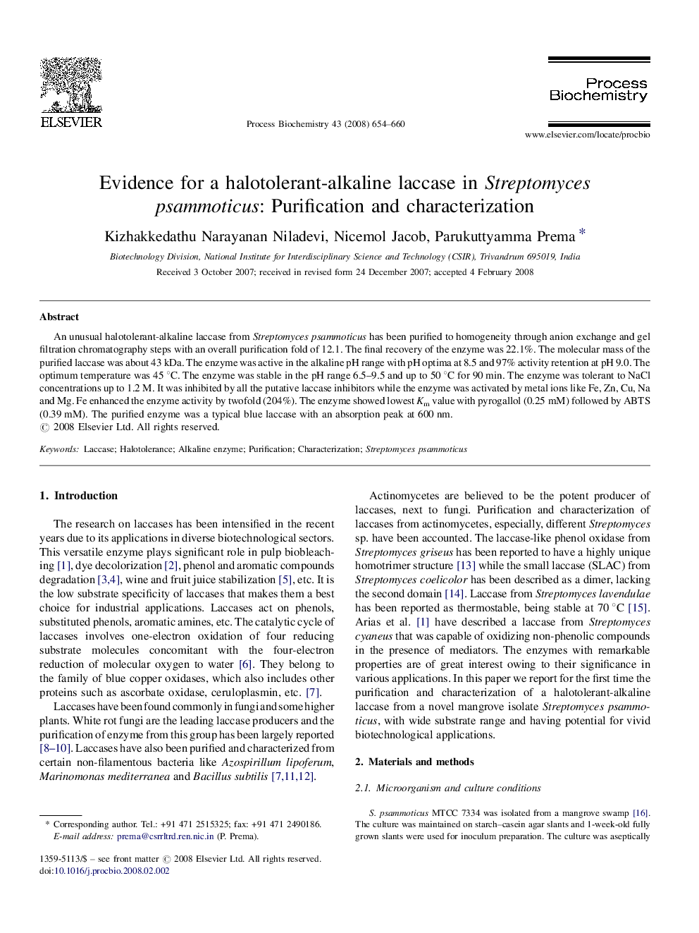 Evidence for a halotolerant-alkaline laccase in Streptomyces psammoticus: Purification and characterization