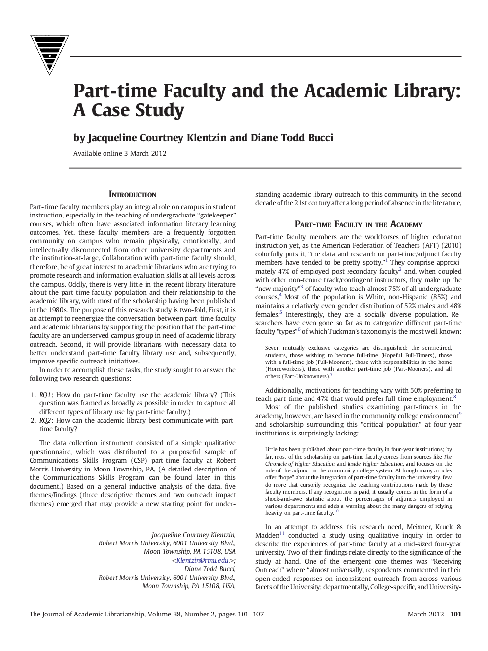 Part-time Faculty and the Academic Library: A Case Study