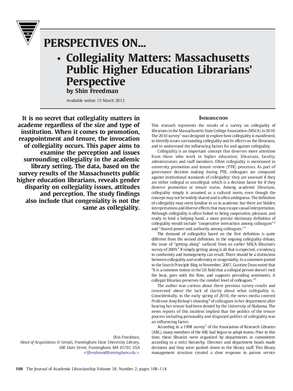 Collegiality Matters: Massachusetts Public Higher Education Librarians' Perspective