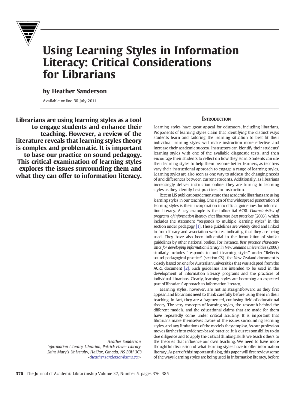 Using Learning Styles in Information Literacy: Critical Considerations for Librarians