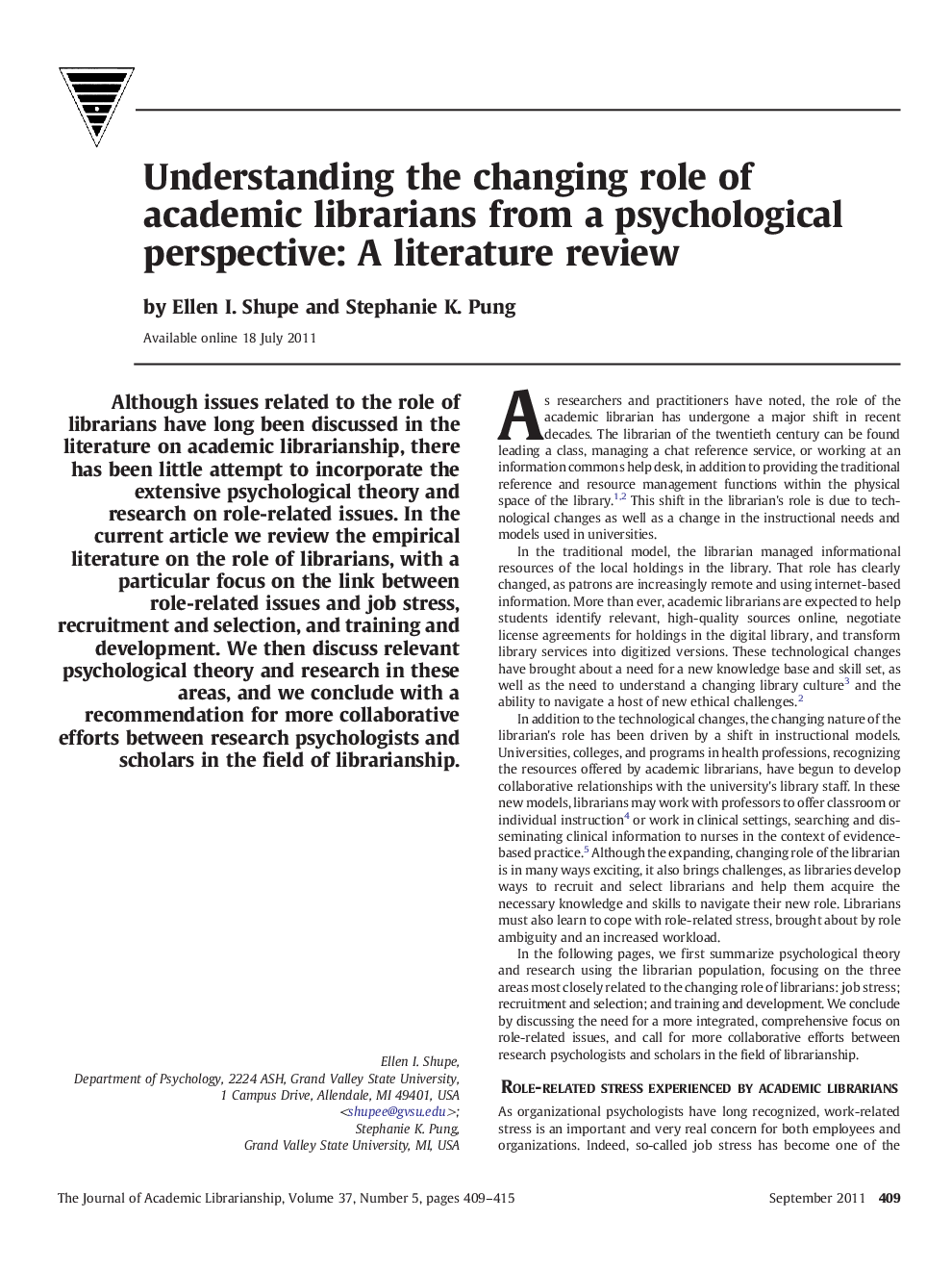 Understanding the changing role of academic librarians from a psychological perspective: A literature review