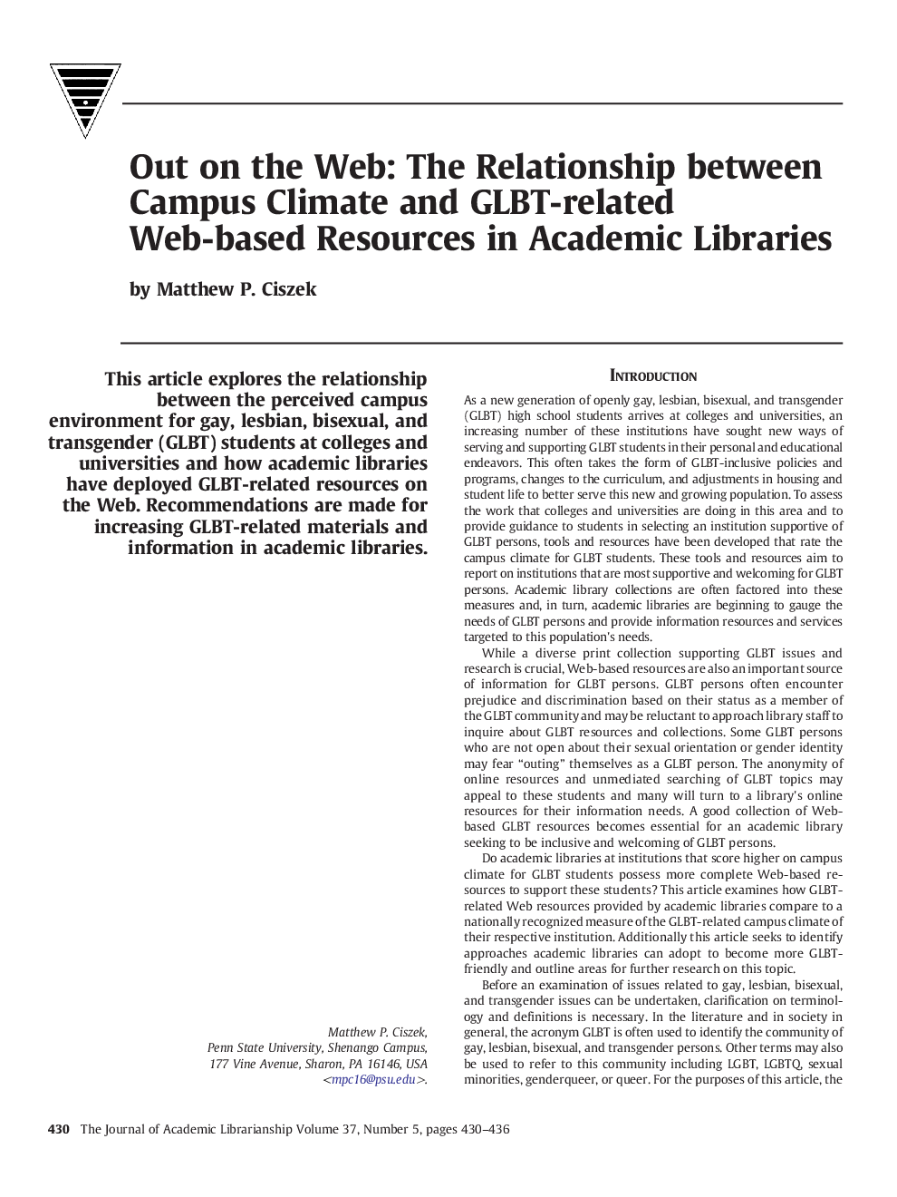 Out on the Web: The Relationship between Campus Climate and GLBT-related Web-based Resources in Academic Libraries