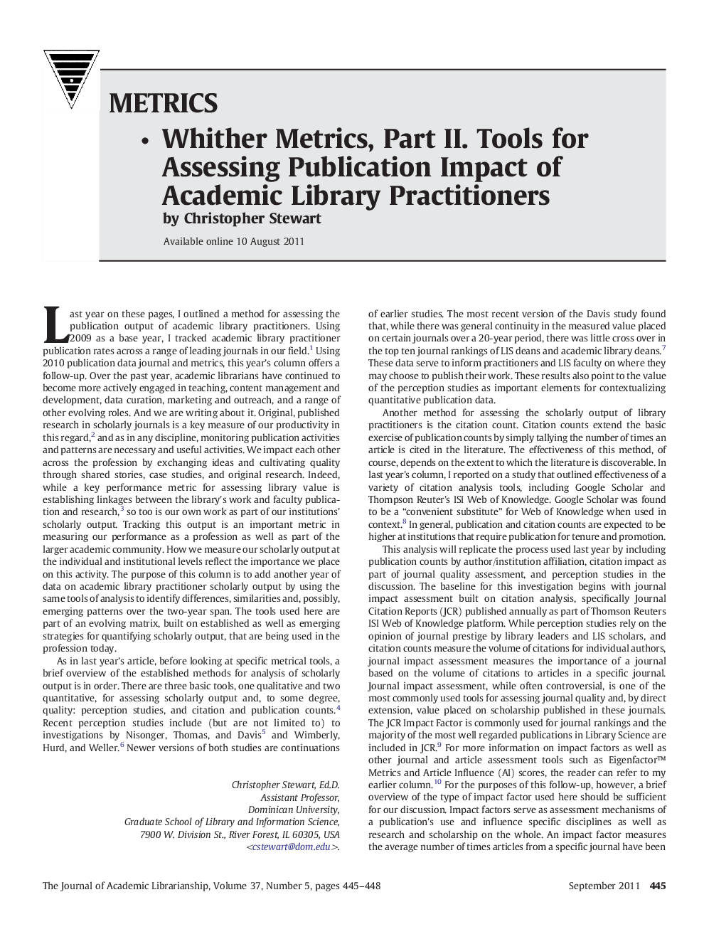 Whither Metrics, Part II. Tools for Assessing Publication Impact of Academic Library Practitioners