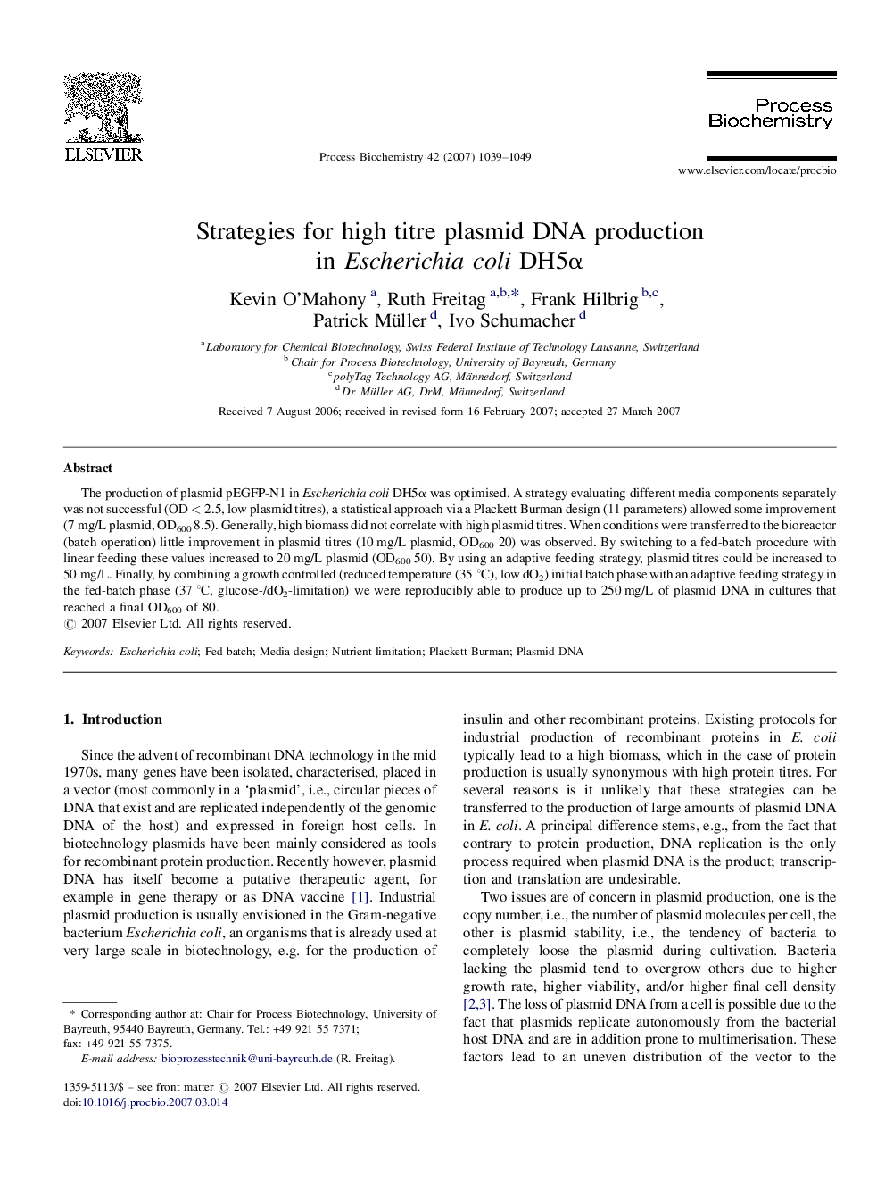 Strategies for high titre plasmid DNA production in Escherichia coli DH5α