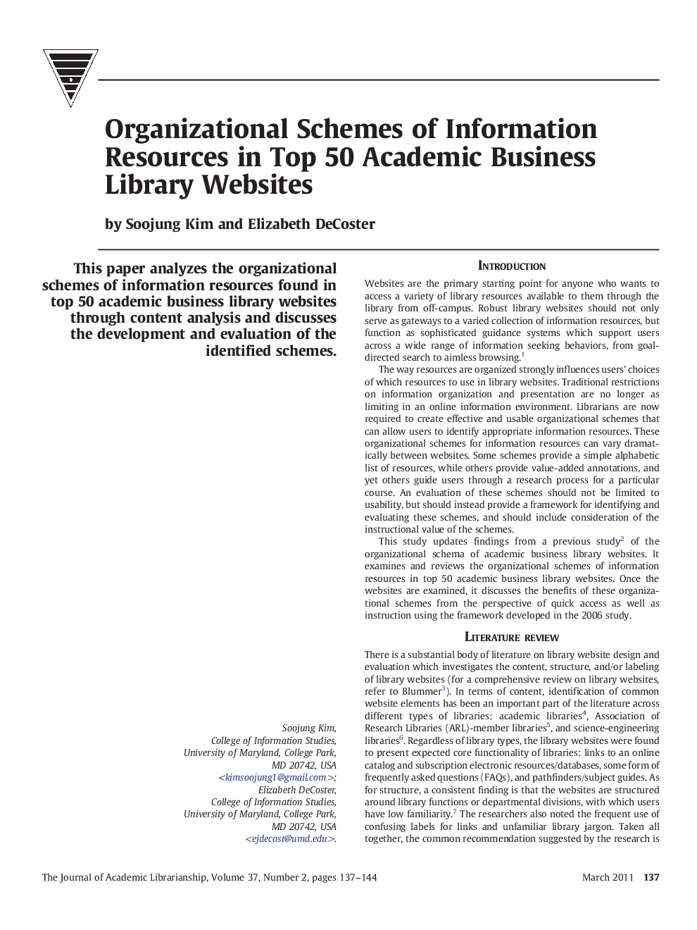 Organizational Schemes of Information Resources in Top 50 Academic Business Library Websites