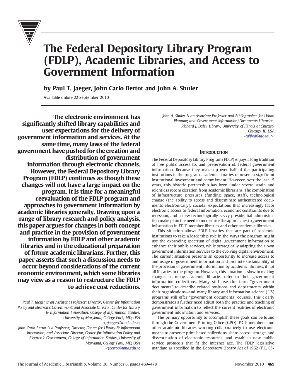 The Federal Depository Library Program (FDLP), Academic Libraries, and Access to Government Information