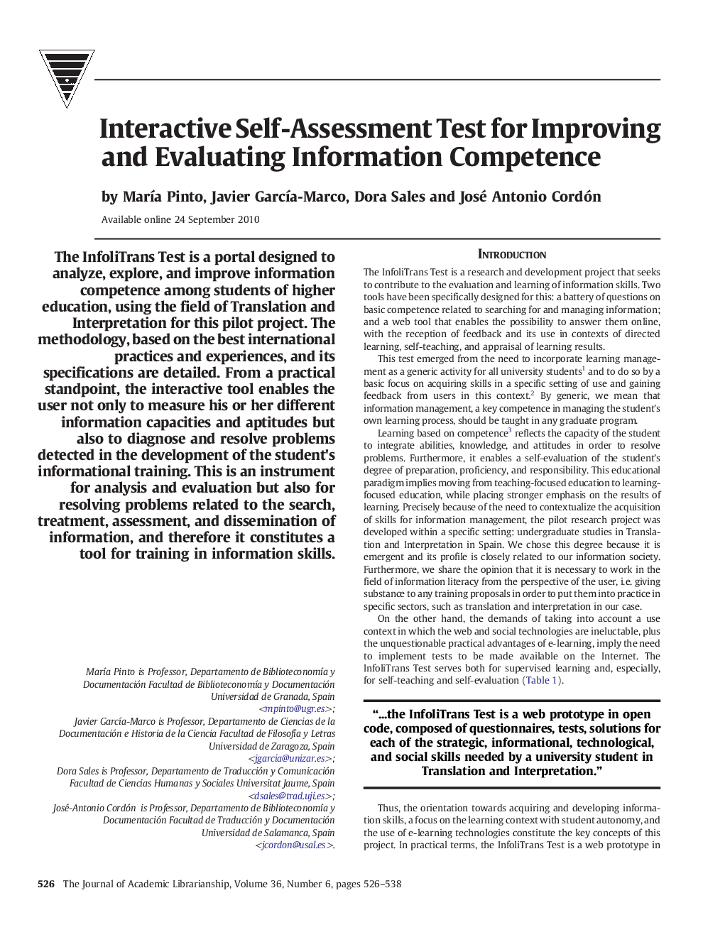 Interactive Self-Assessment Test for Improving and Evaluating Information Competence