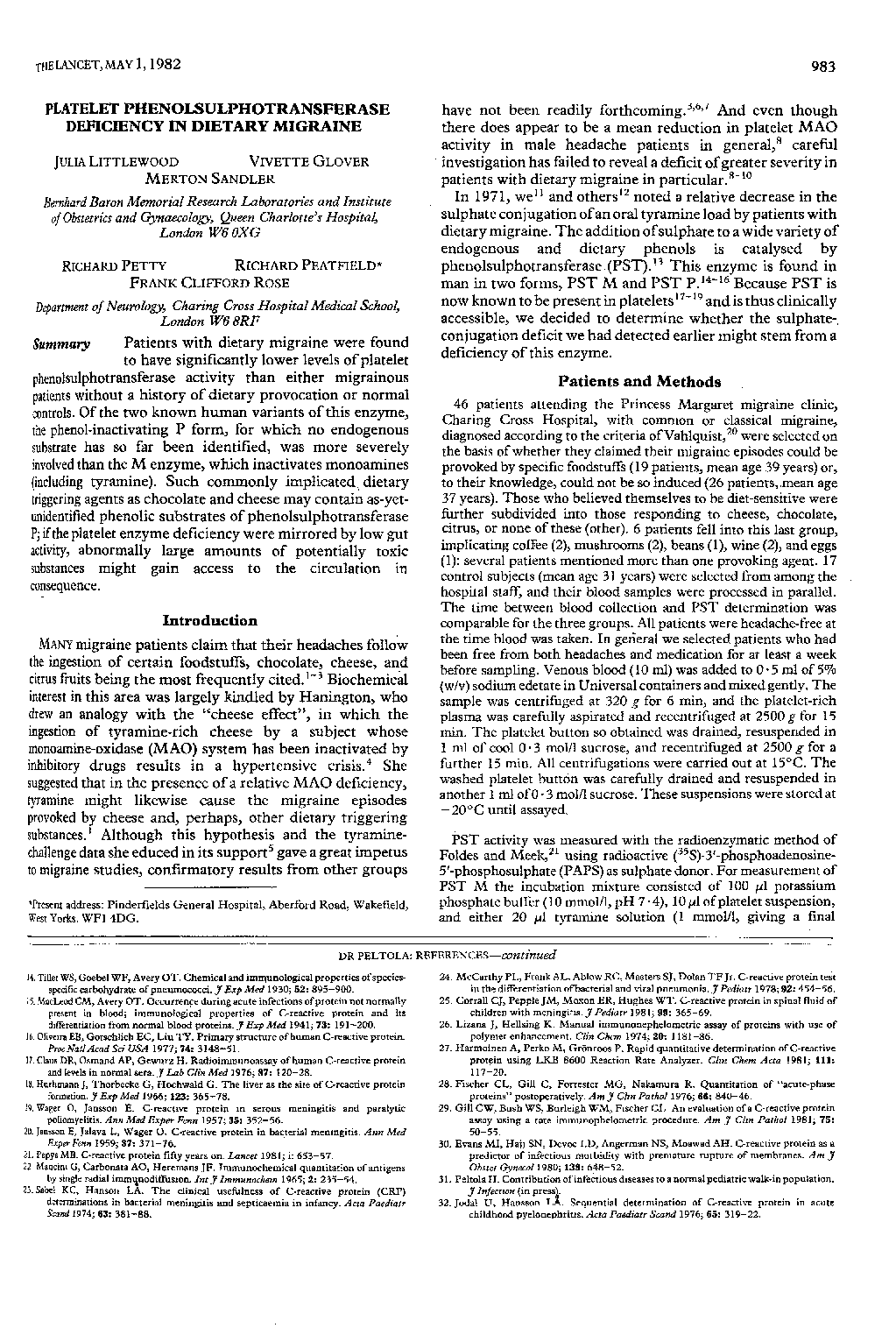 PLATELET PHENOLSULPHOTRANSFERASE DEFICIENCY IN DIETARY MIGRAINE