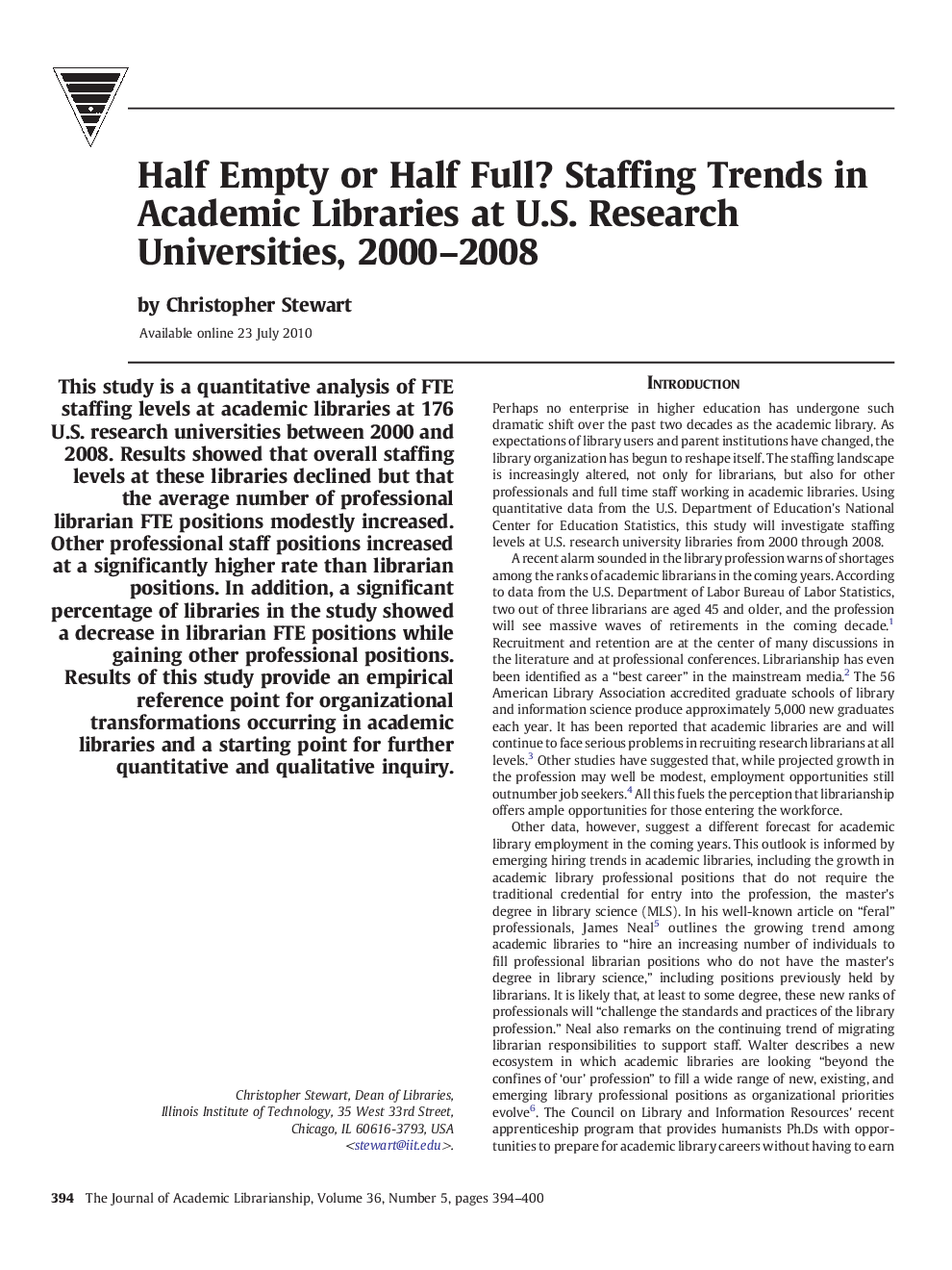 Half Empty or Half Full? Staffing Trends in Academic Libraries at U.S. Research Universities, 2000–2008
