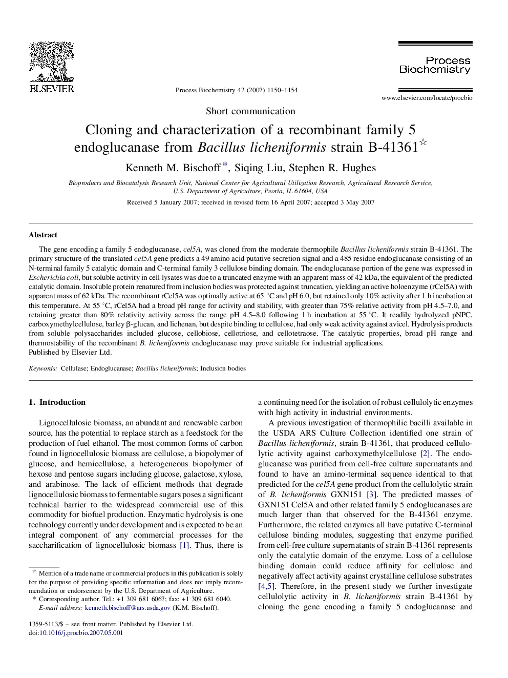 Cloning and characterization of a recombinant family 5 endoglucanase from Bacillus licheniformis strain B-41361 