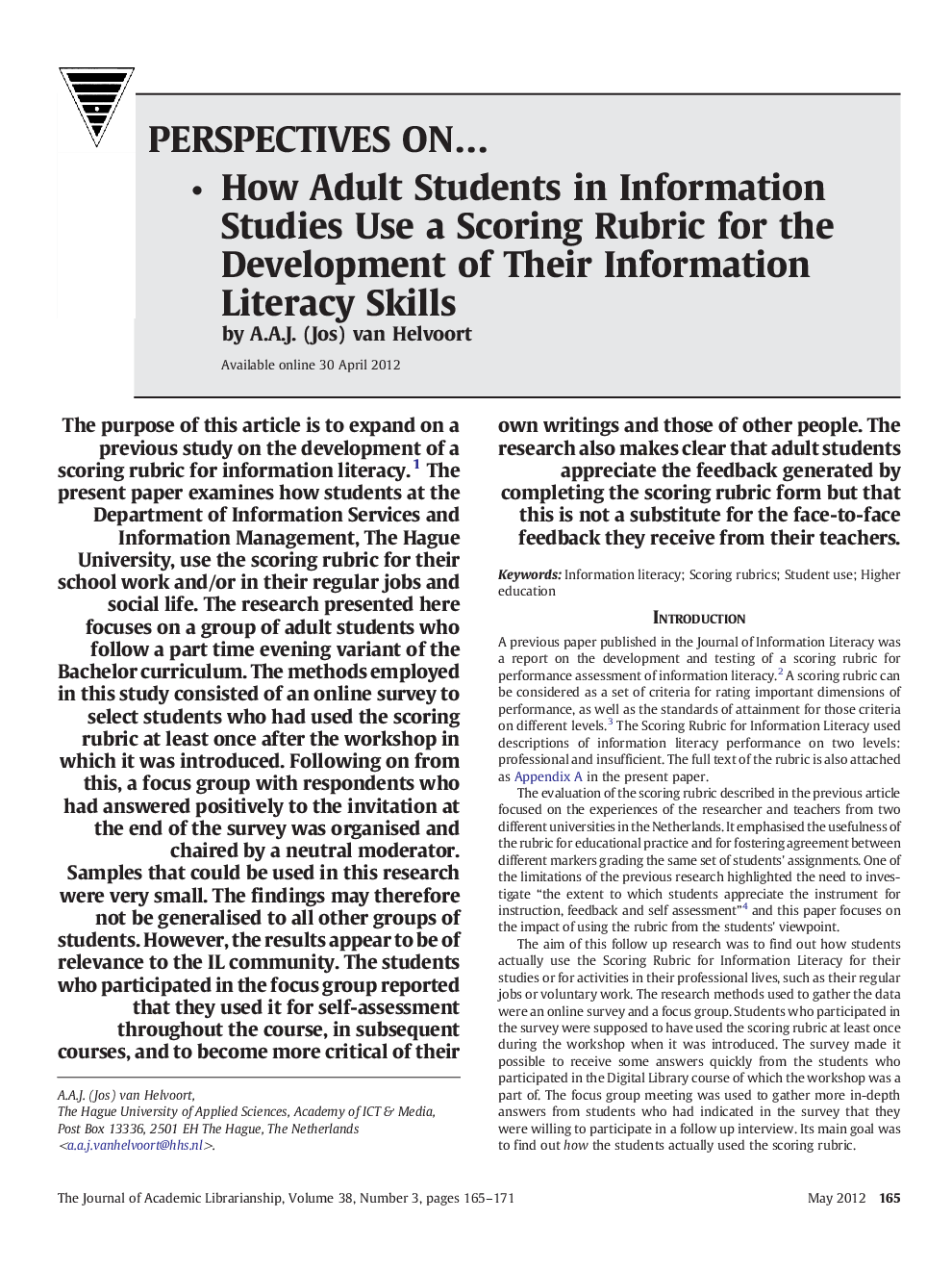 How Adult Students in Information Studies Use a Scoring Rubric for the Development of Their Information Literacy Skills