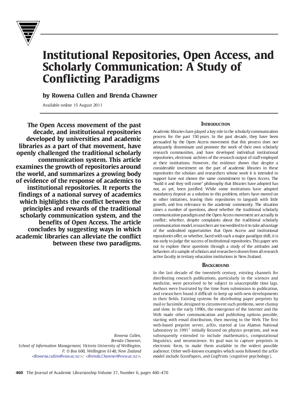 Institutional Repositories, Open Access, and Scholarly Communication: A Study of Conflicting Paradigms