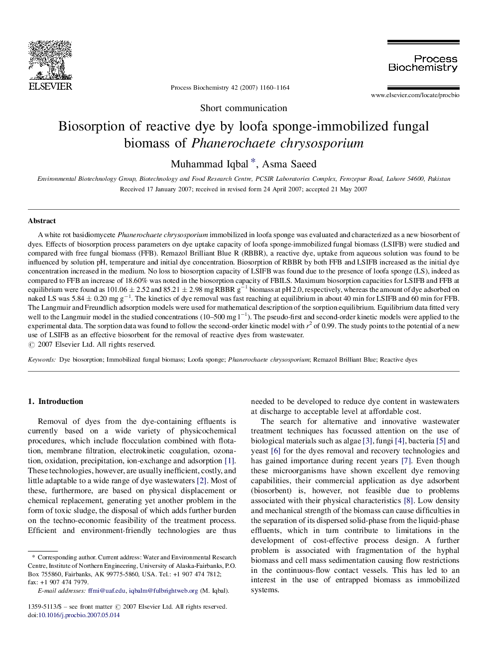 Biosorption of reactive dye by loofa sponge-immobilized fungal biomass of Phanerochaete chrysosporium