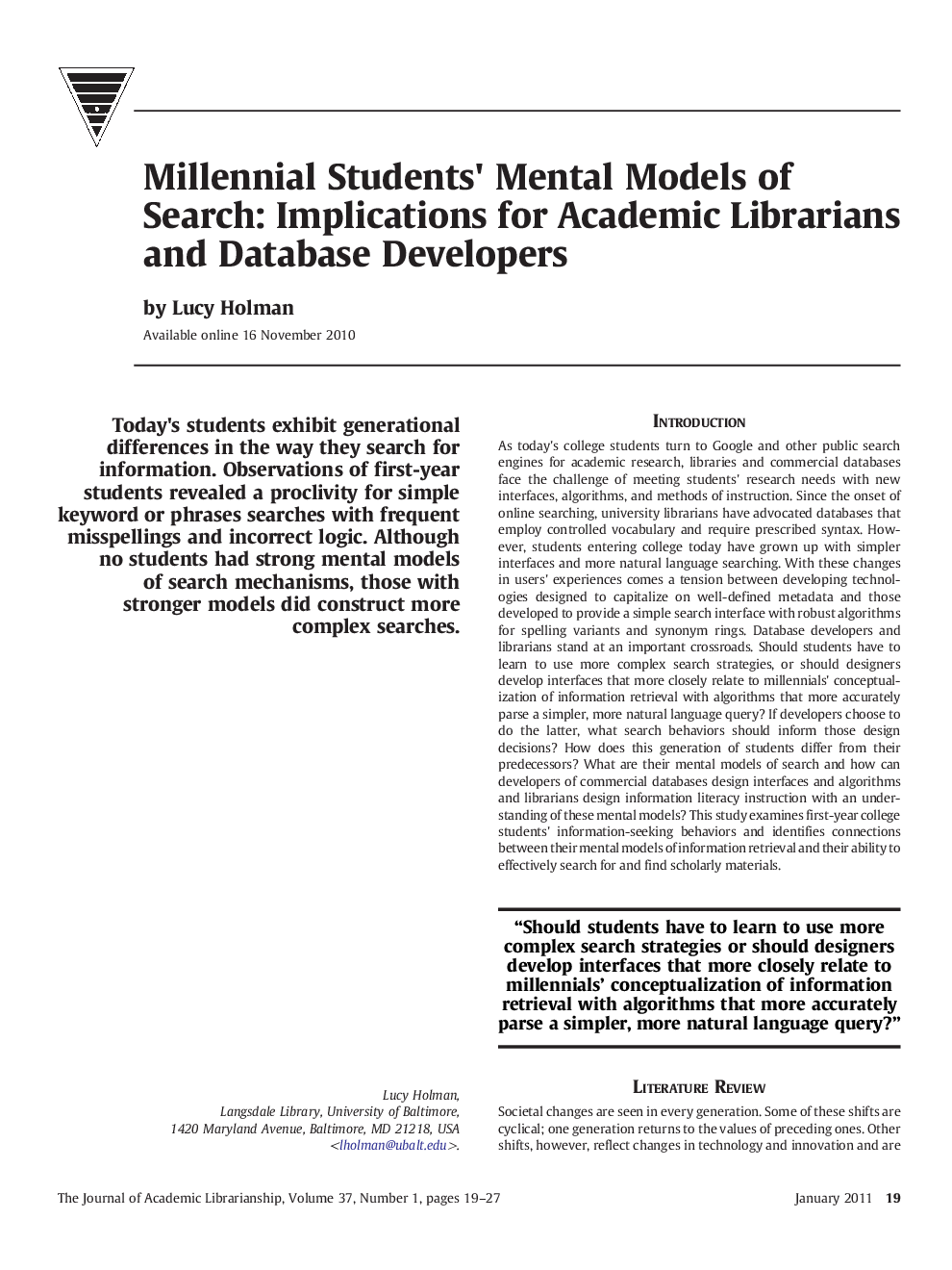 Millennial Students' Mental Models of Search: Implications for Academic Librarians and Database Developers