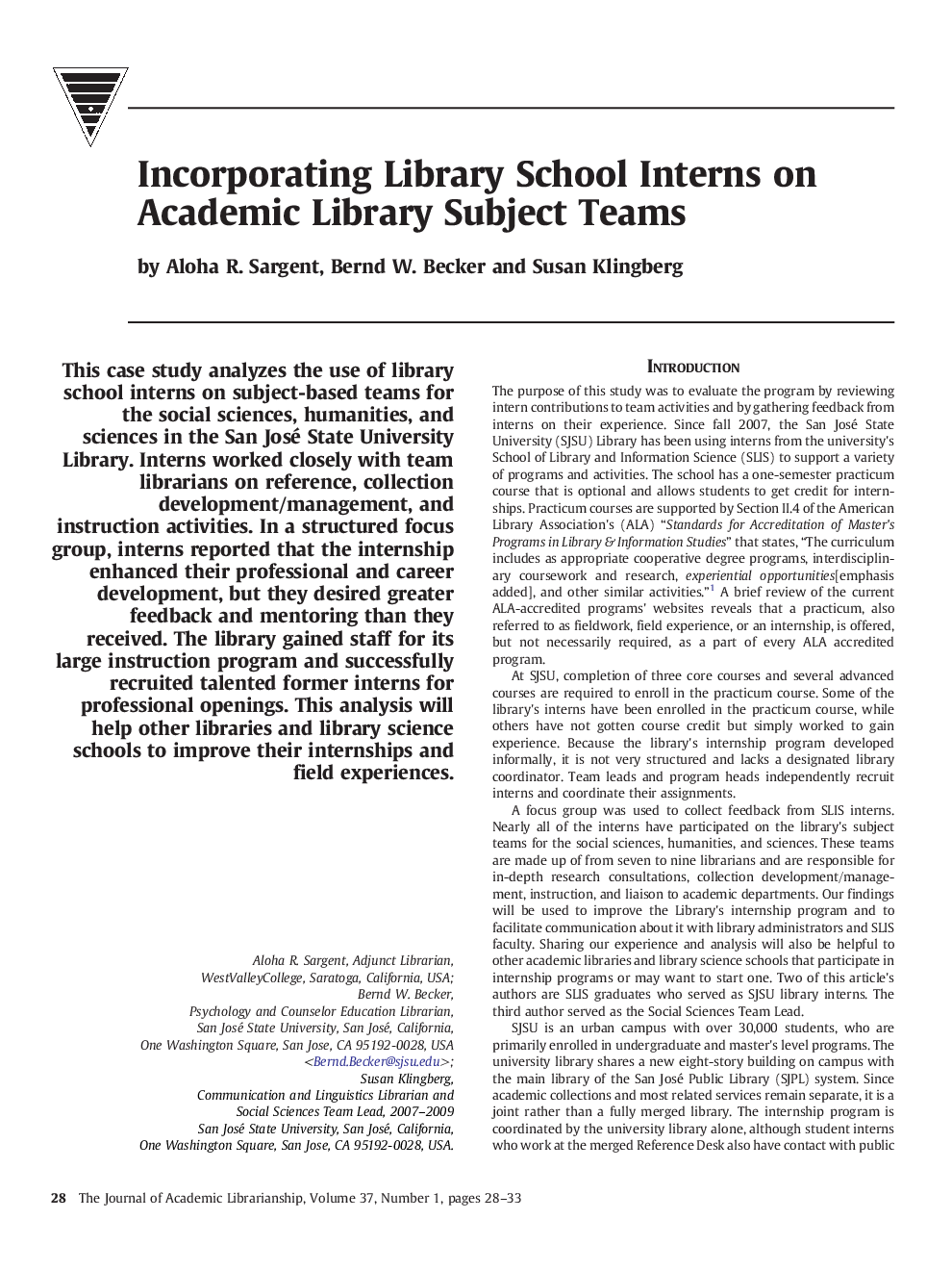 Incorporating Library School Interns on Academic Library Subject Teams
