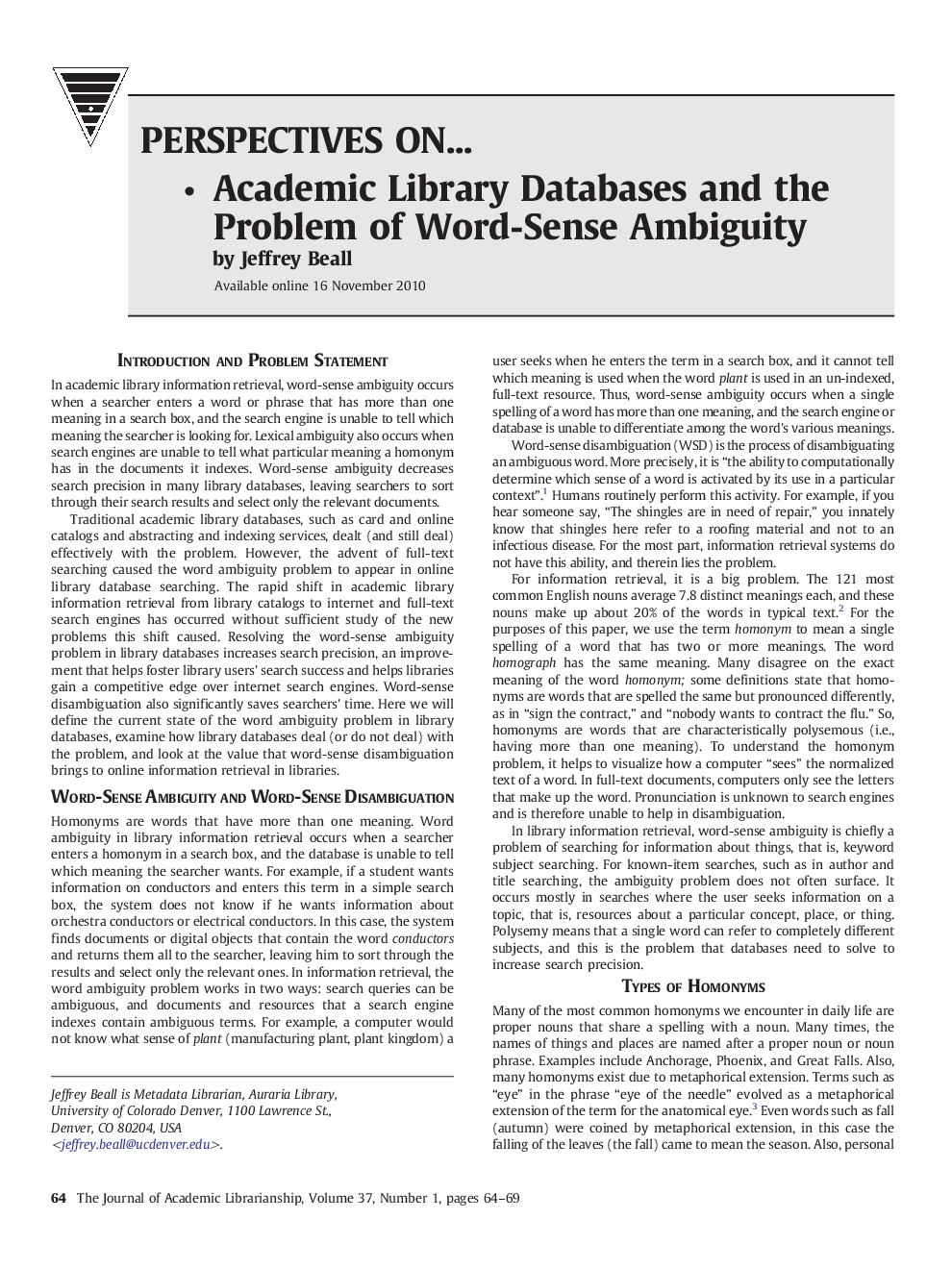 Academic Library Databases and the Problem of Word-Sense Ambiguity