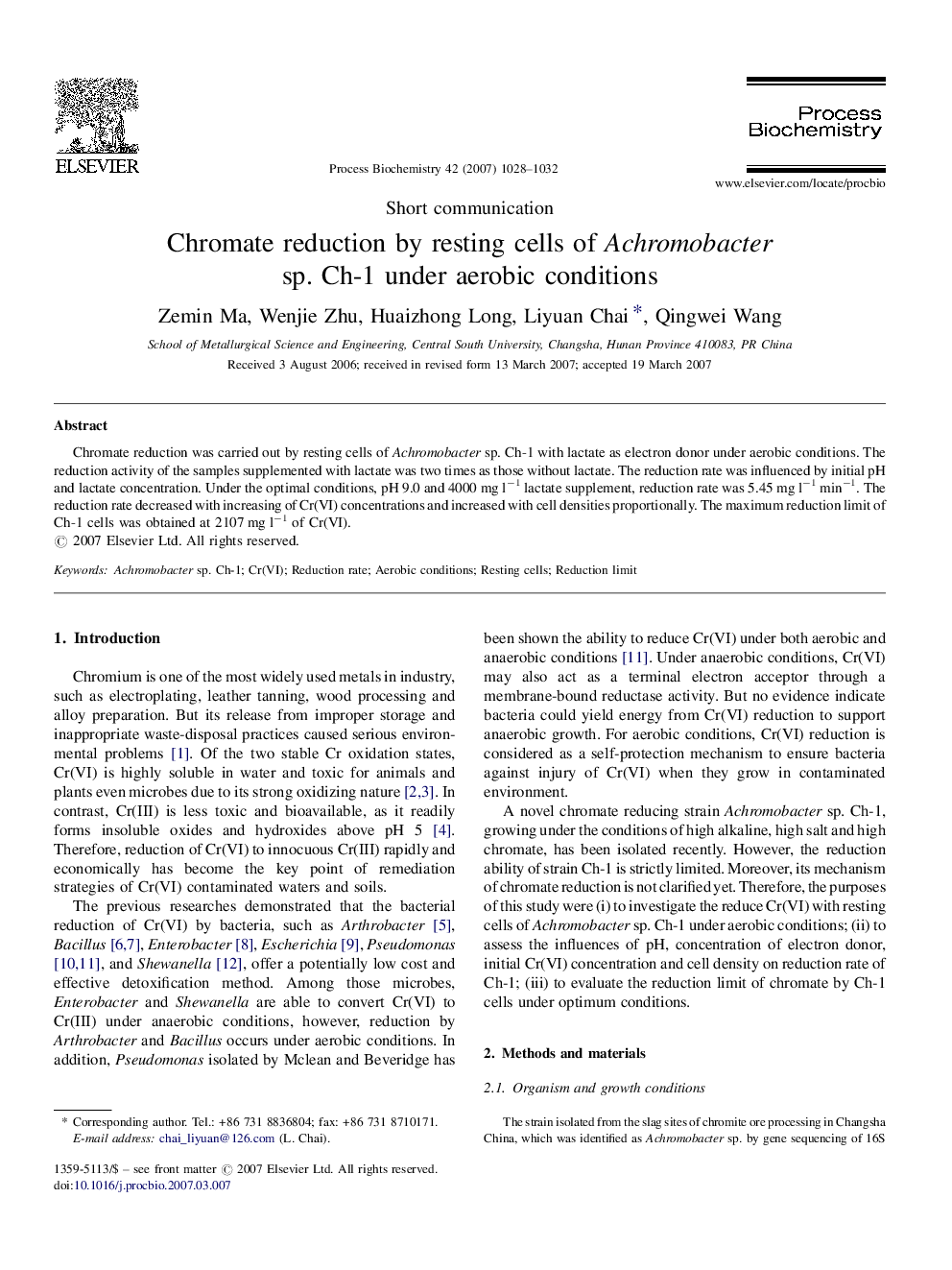 Chromate reduction by resting cells of Achromobacter sp. Ch-1 under aerobic conditions