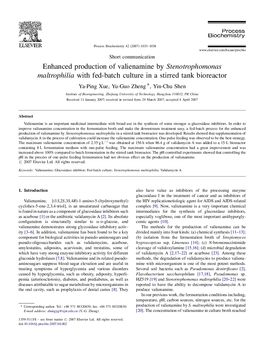 Enhanced production of valienamine by Stenotrophomonas maltrophilia with fed-batch culture in a stirred tank bioreactor