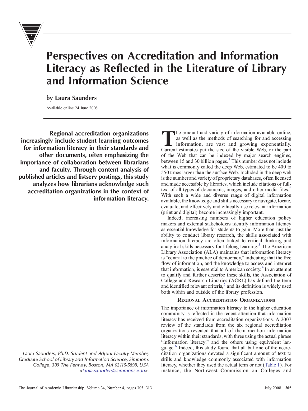 Perspectives on Accreditation and Information Literacy as Reflected in the Literature of Library and Information Science