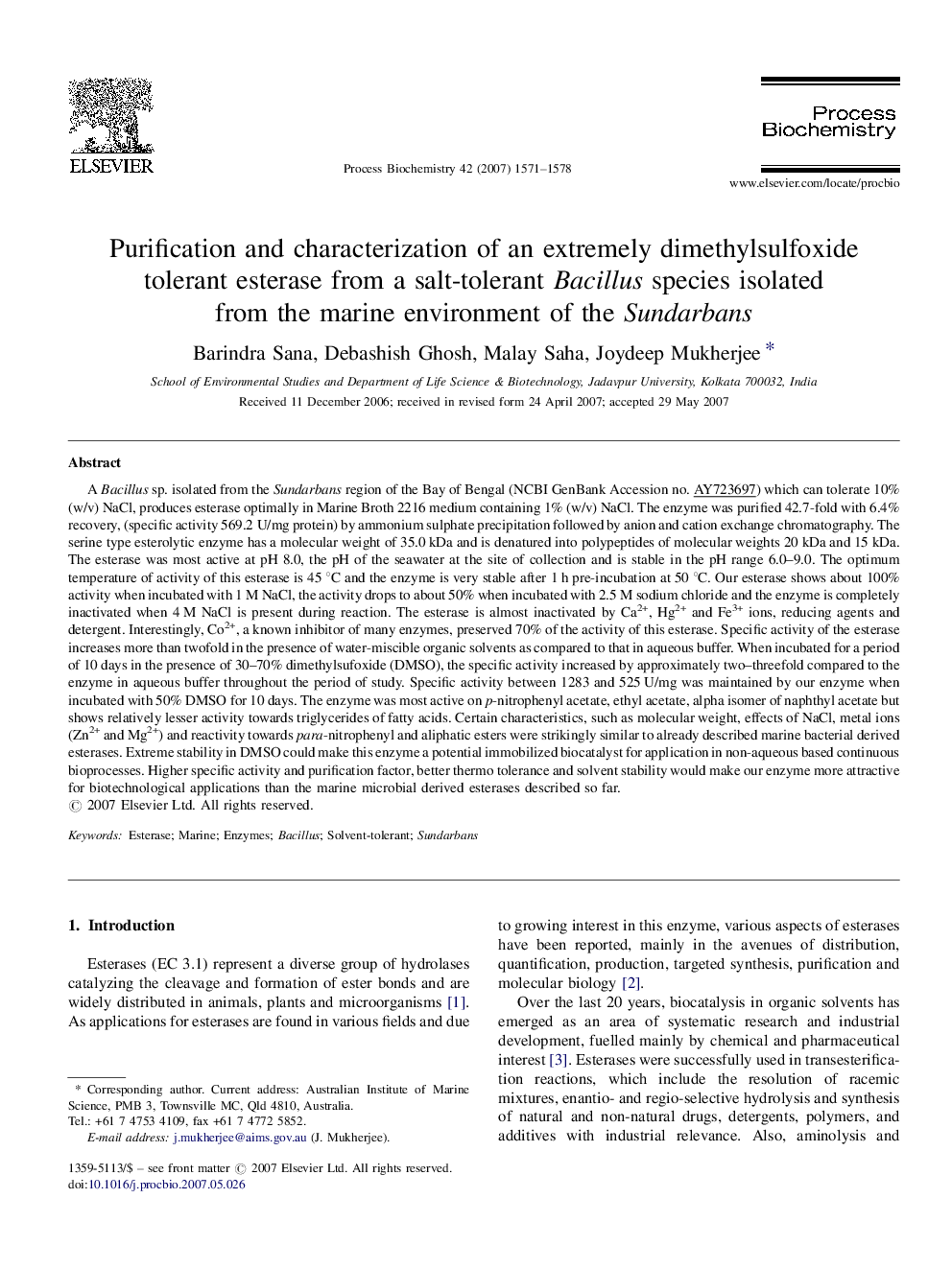 Purification and characterization of an extremely dimethylsulfoxide tolerant esterase from a salt-tolerant Bacillus species isolated from the marine environment of the Sundarbans